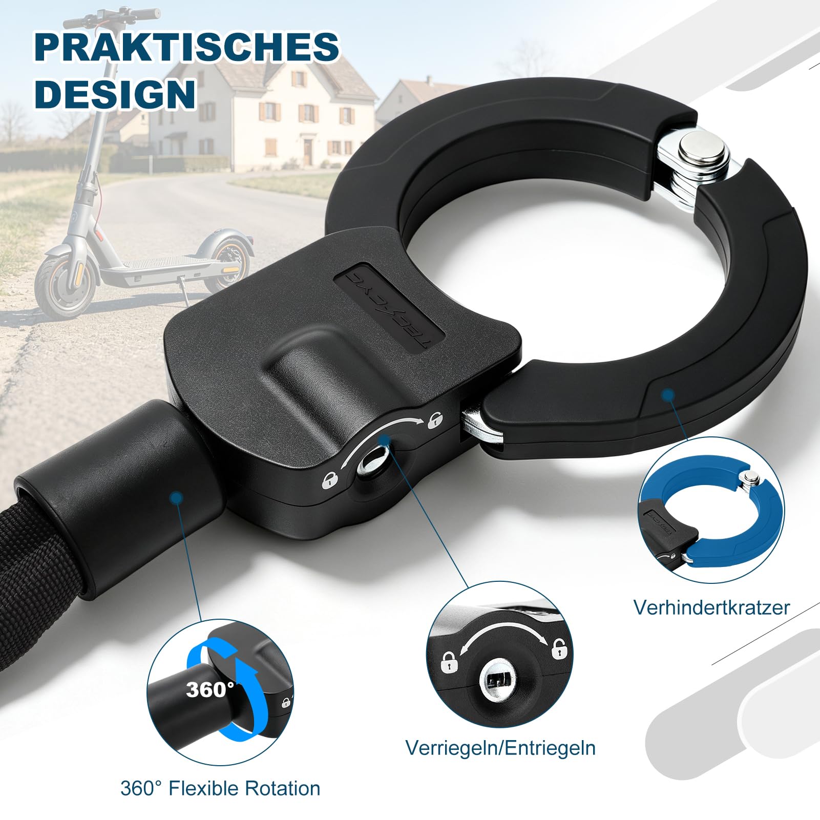 TECHCYC E-Scooter Schloss 8mm | Handschellenschloss 3 Stufen Verstellbare | Gehärteter Stahl | gegen Bolzenschneider | mit 2 Schlüsseln | für E-Scooter, Fahrrad & E-Bike