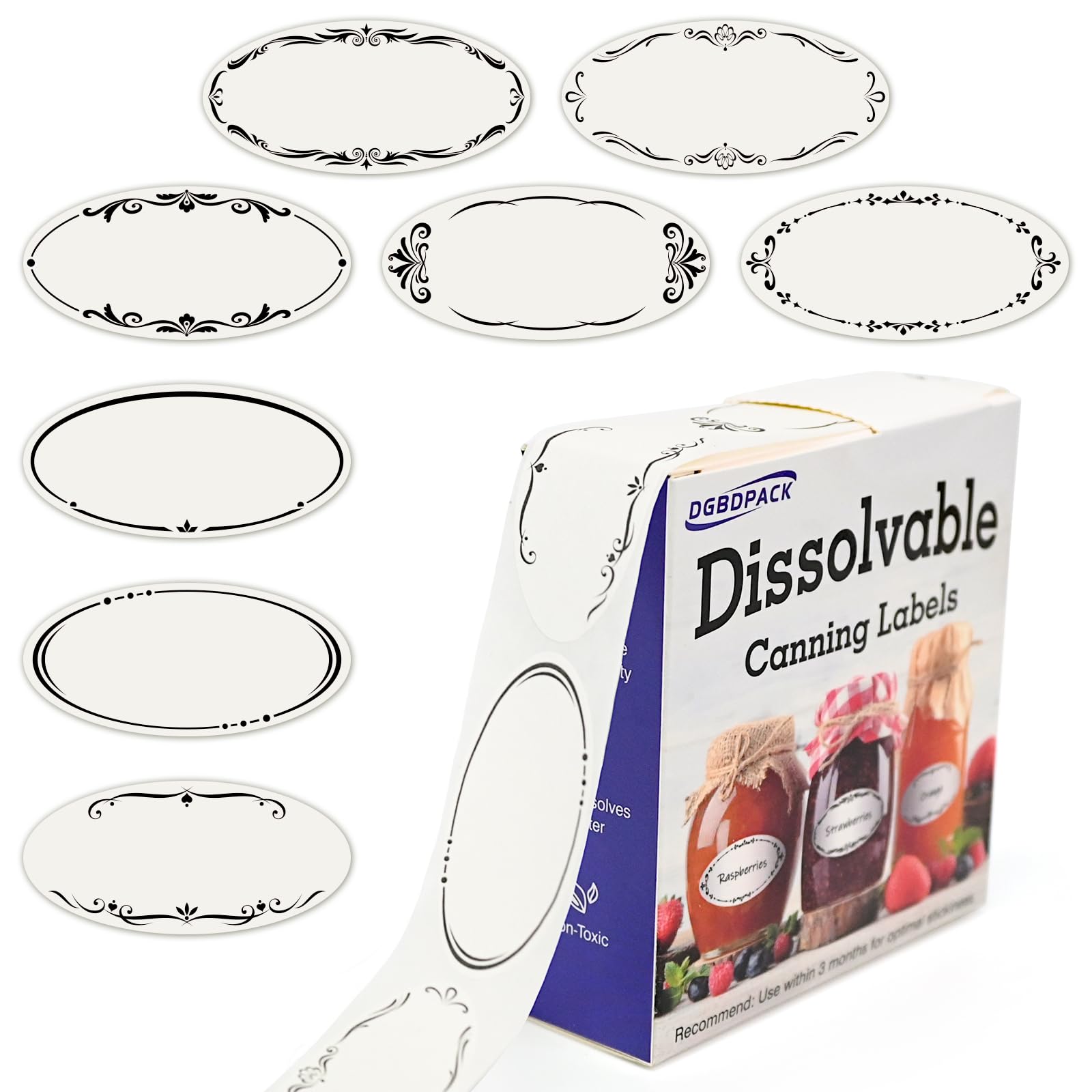 DGBDPACK 400 Dissolvable Canning Labels for Mason Jars, Small Pantry Labels 1 x 2⅛ inch, Water-Soluble Stickers-8 Designs