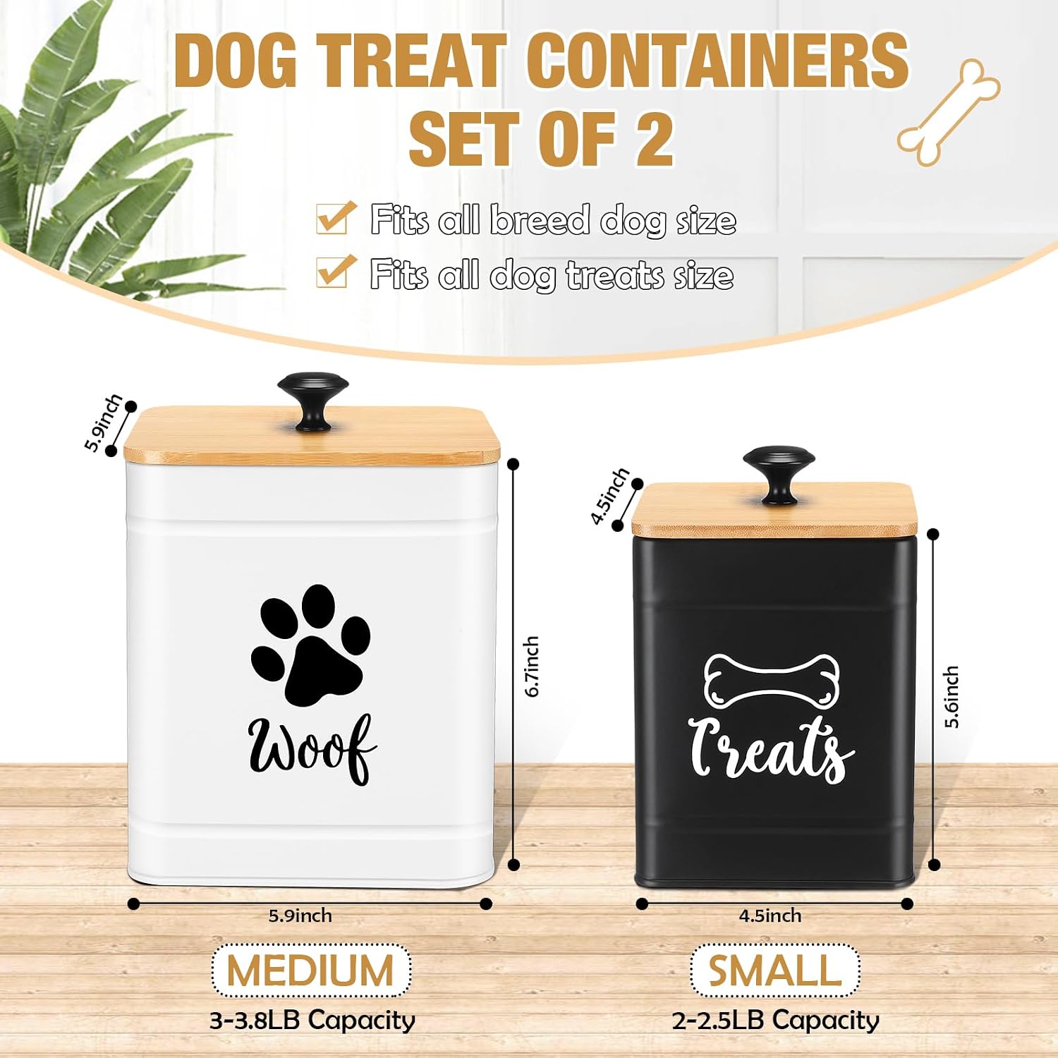 Jingmore Metal Dog Food Containers Set of 2 with Bamboo Lids and Spoon Airtight 7+3 lbs Dog Treat Snack Jars with DIY Labels Big Pet Cookie Storage Jar for Kitchen Counter (Vintage)