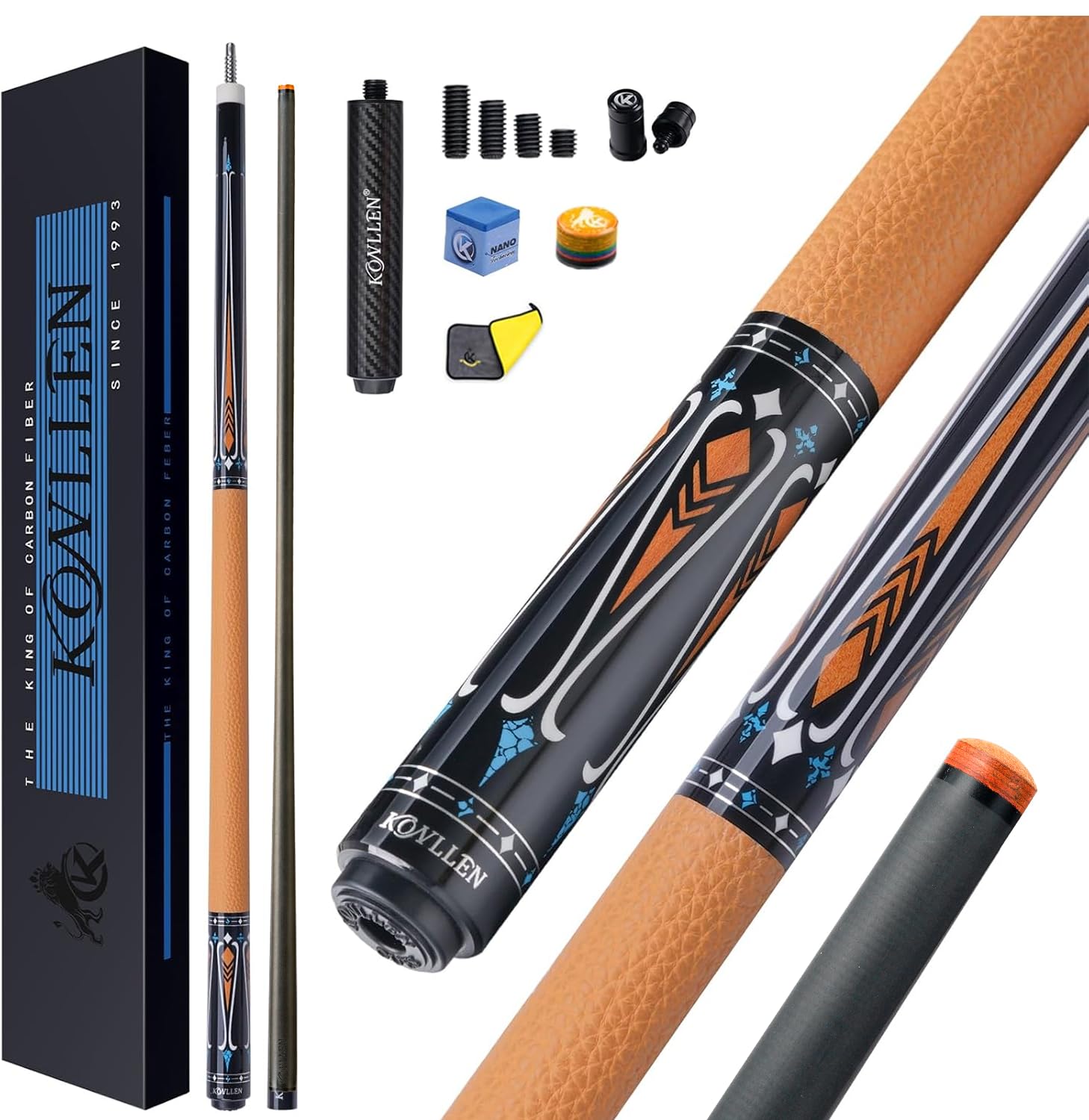 KONLLEN Carbon Fiber Pool Cue Set,58 Inch,Low Deflection