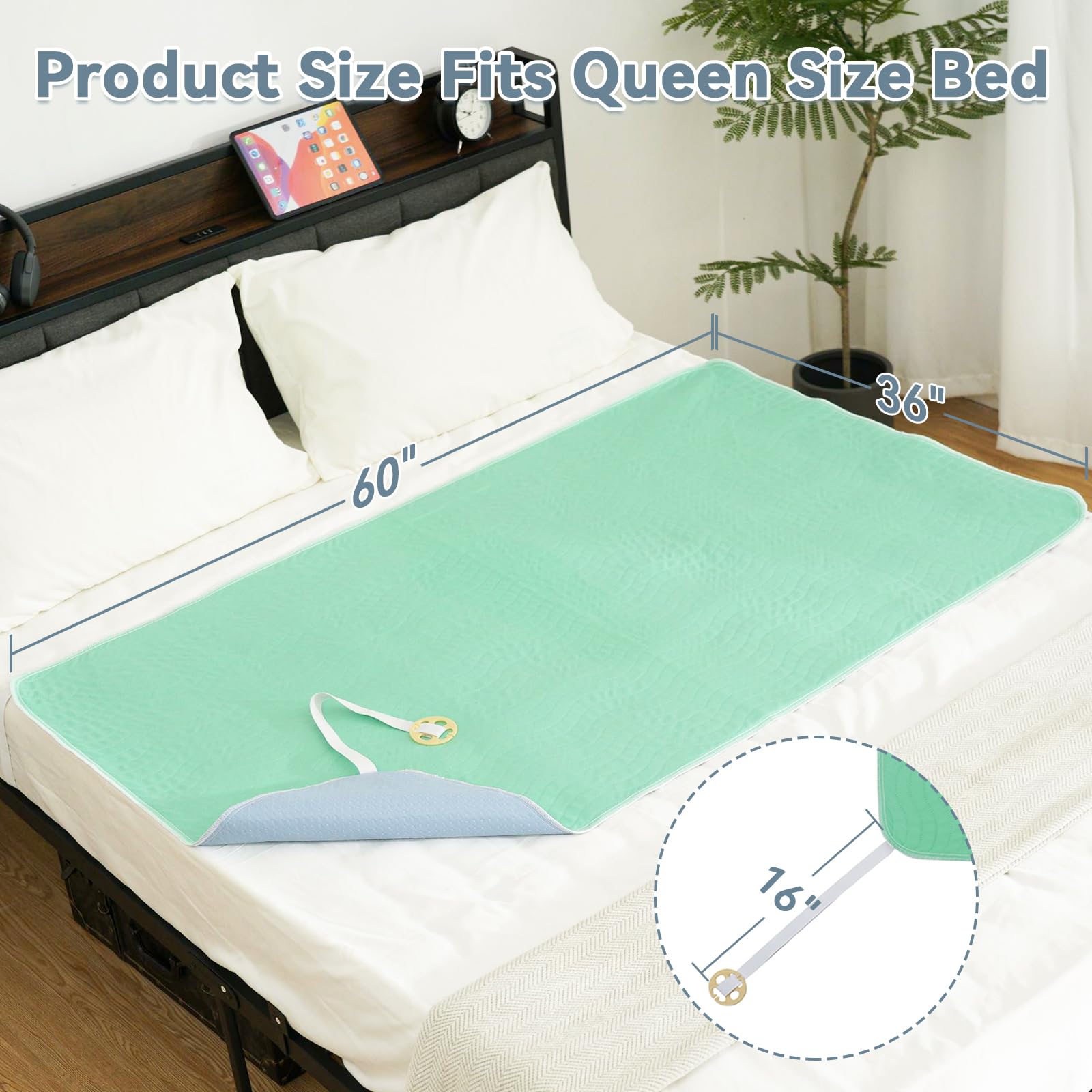 Paquete de 2 almohadillas de cama para incontinencia, lavables de 36 x 60 pulgadas, reutilizables, para incontinencia, almohadillas antideslizantes con hebillas de cincha para cama para