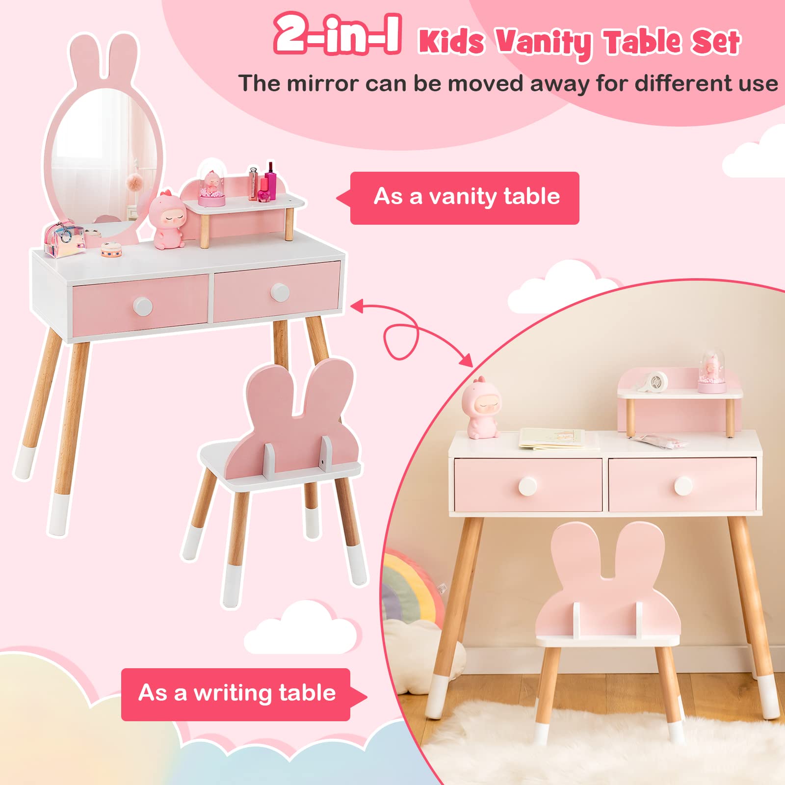 RELAX4LIFE 2 in 1 Toeletta Trucco Bambina con Specchio e Sgabello, Set Tavolo da Trucco con 2 Cassetti, Centro di Bellezza, Giocattolo da Trucco per Bambini dai 3 ai 7 Anni (Rosa)