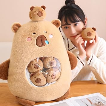 Capybara Plush with 6 Cute Babies Stuffed Animals,a Bag of Capybara Animal Snack Pillow,Super Soft Plushie Doll Pillow for Baby Boys Girls Toys(Brown)