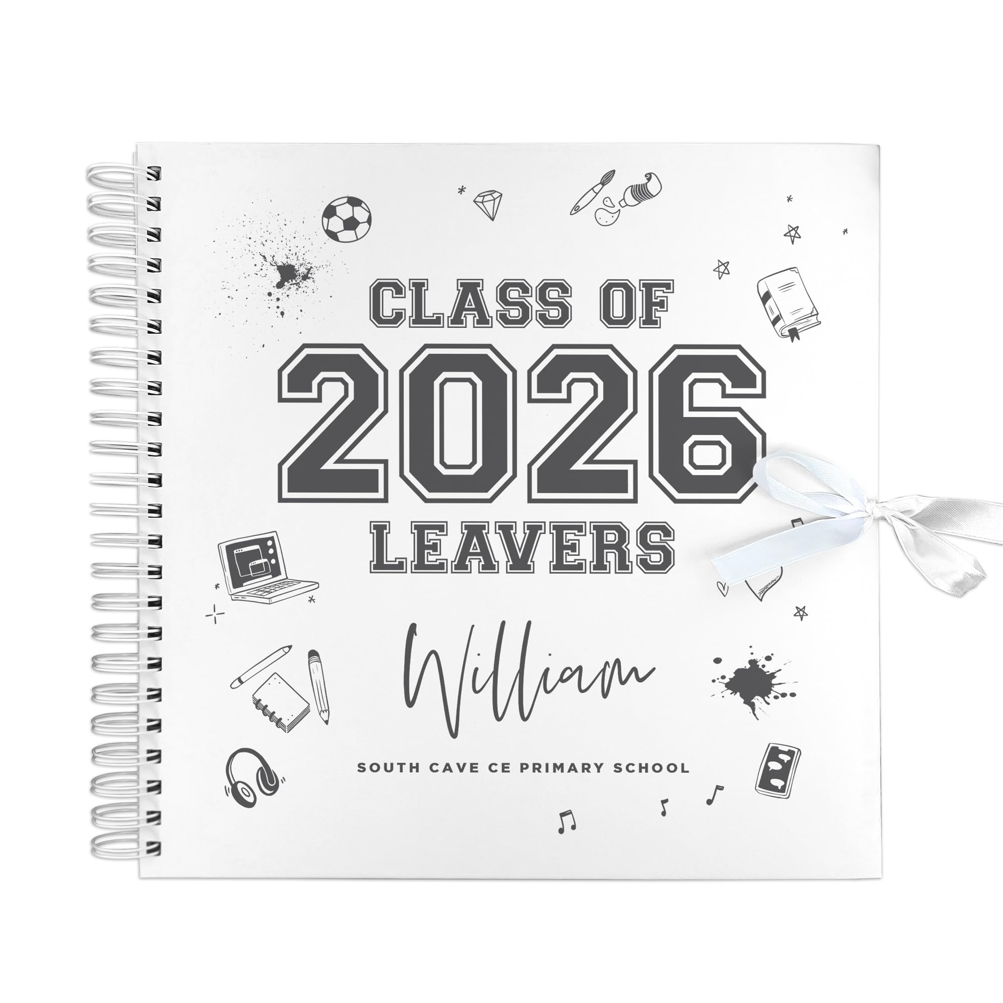 Personalised Doodle Class of 2026 School Leavers Scrapbook | 8x8" Signing Book | Customised with Name & School | Memory Book for Leavers | 40 Sheets 200gsm | Spiral Bound