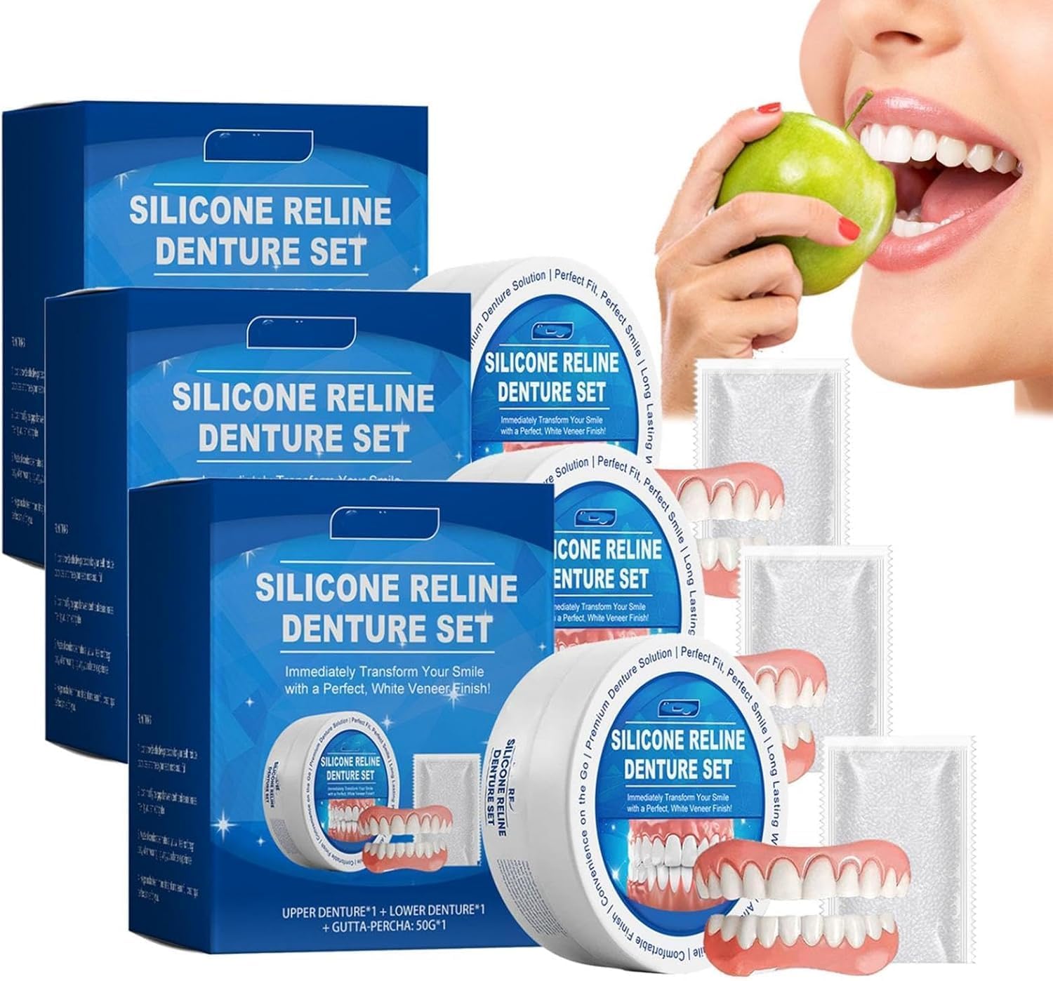 Prothese Dentaire Silicone,Dentier Silicone,Bikenda Prothese Dentaire Silicone,1 Upper Dental Device + 1 Lower Dental,Pour Hommes Et Femmes, Sourire Naturel au Quotidien，3Pcs