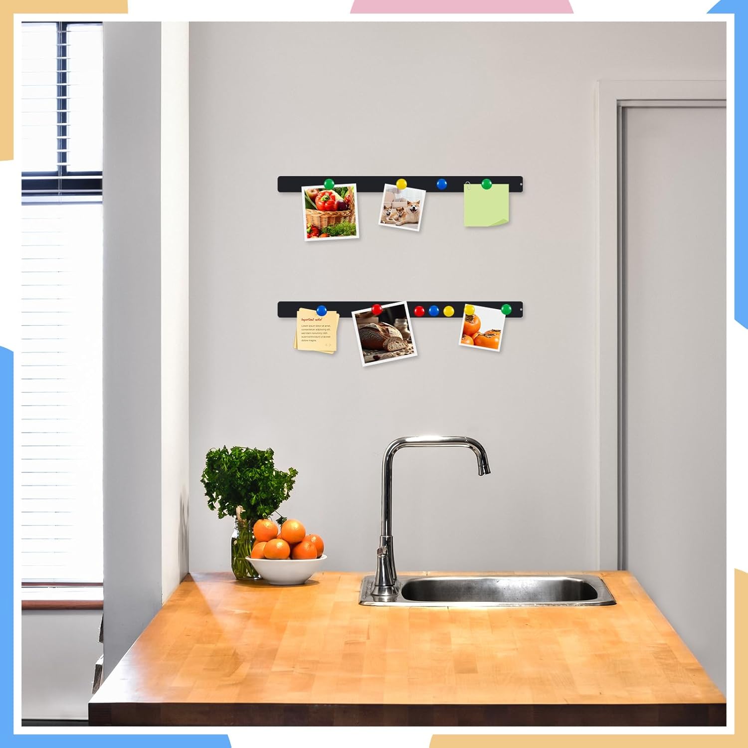 6 Pieces 36 Inch Frameless Magnetic Stainless Iron Board Strips Bulletin Bar Magnetic Wall Board Memo Strip Set with 48 Pieces Colorful Magnets for School Office Home (Black)