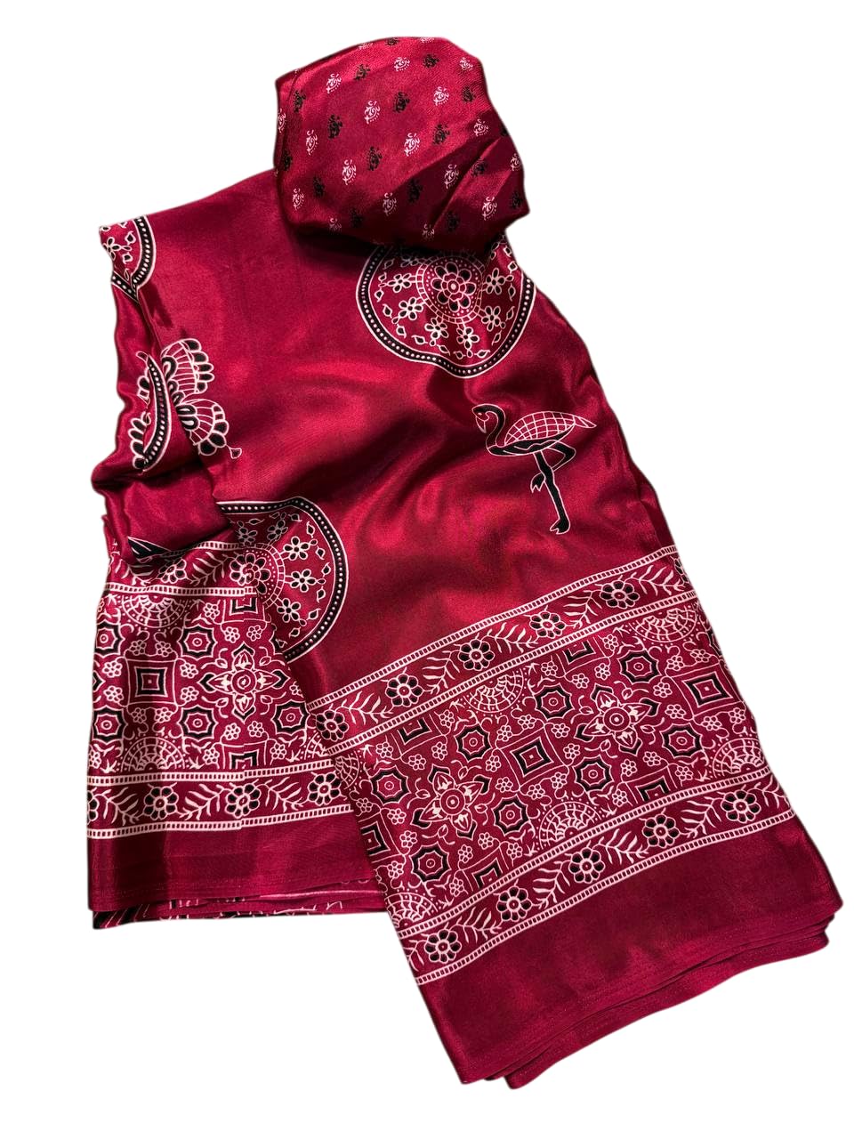 Women's Crepe Modal Silk Ajrakh Saree Kalamkari Ikat Nakshi Floral All Over Print With Blouse Piece-image-22