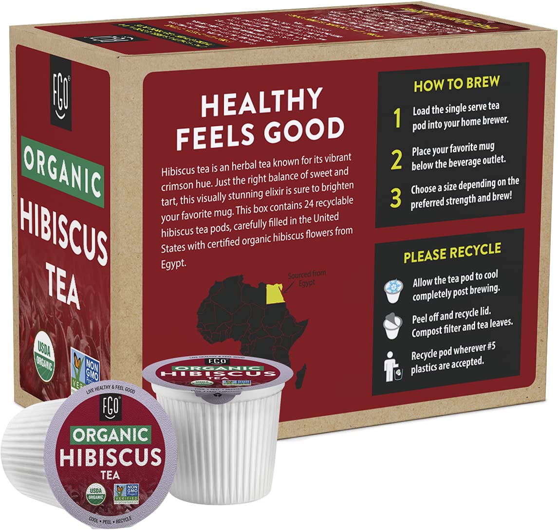Organic Hibiscus Herbal Tea K-Cup Pods, 24 Pods by FGO - Compatible with Keurig - Naturally Caffeine-Free Tea, Premium Green Tea is USDA Organic, Non-GMO, & Recyclable