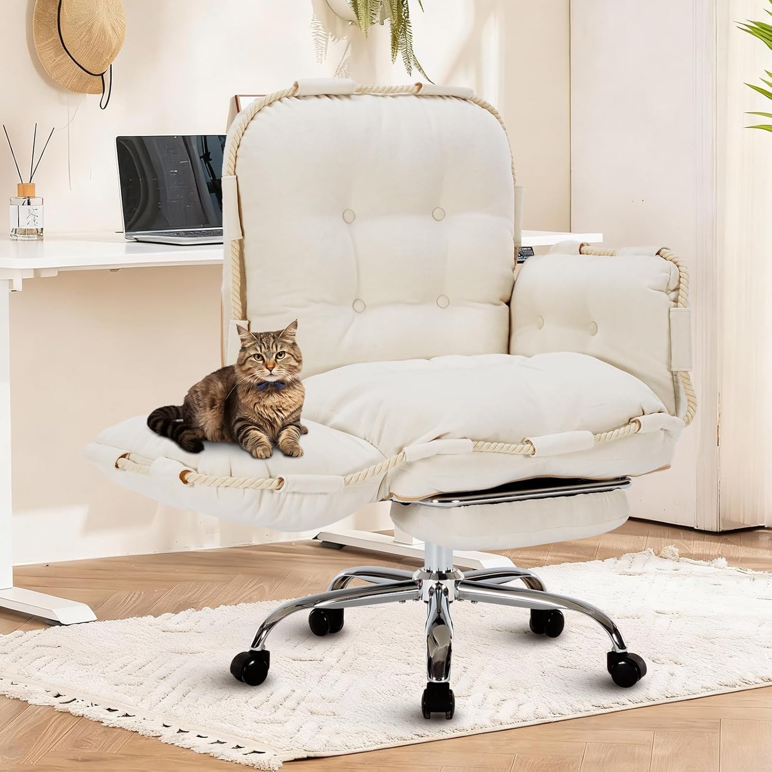 Comfortable Criss Cross Office Chair with Foot Rest Flip Armrests Cross Legged Office Chairs for Women Reclining Office Chair Desk Chair Comfy Vanity Chair with Back and Wheels Beige