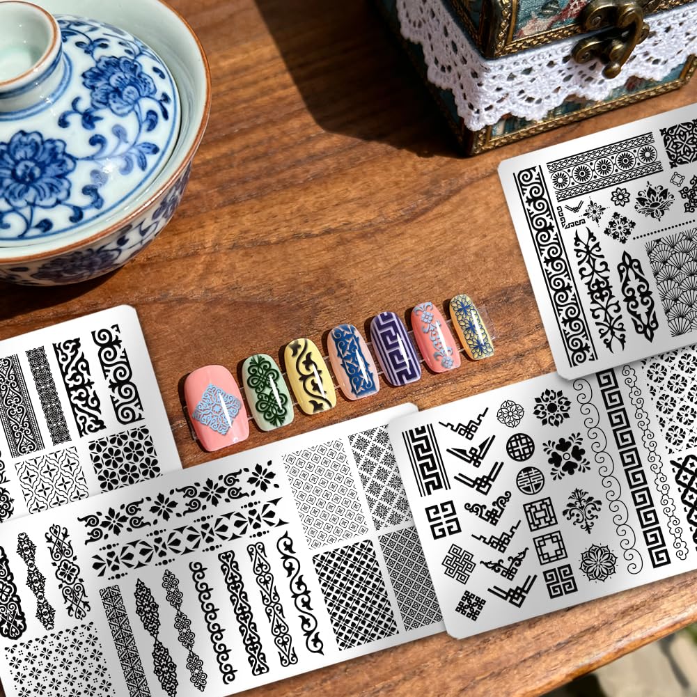 PH PandaHall 4pcs Plaque de Tampon à Ongles à Motifs de Style Chinois Modèle D'Art D'Ongle à Longue Bande Rétro Motifs Floraux Pochoirs à Ongles Bordures Traditionnelles pour Femmes Manucure Décor