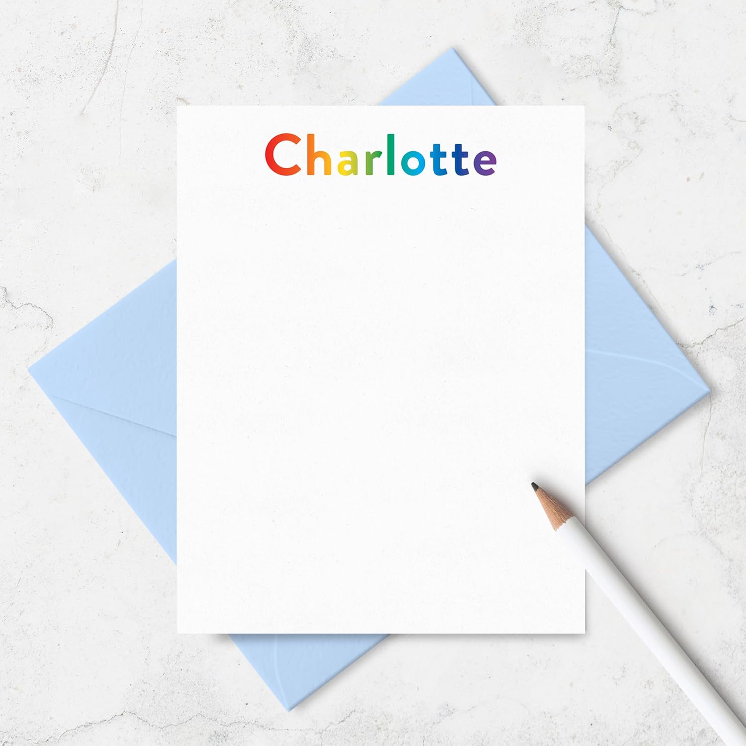 Personalized Note Cards and Envelopes Stationary Set for Kids - Blank or Lined with Name in Bright Rainbow Colors, Kids Stationery, Choose Set Size and Envelope Color (A2 Portrait)