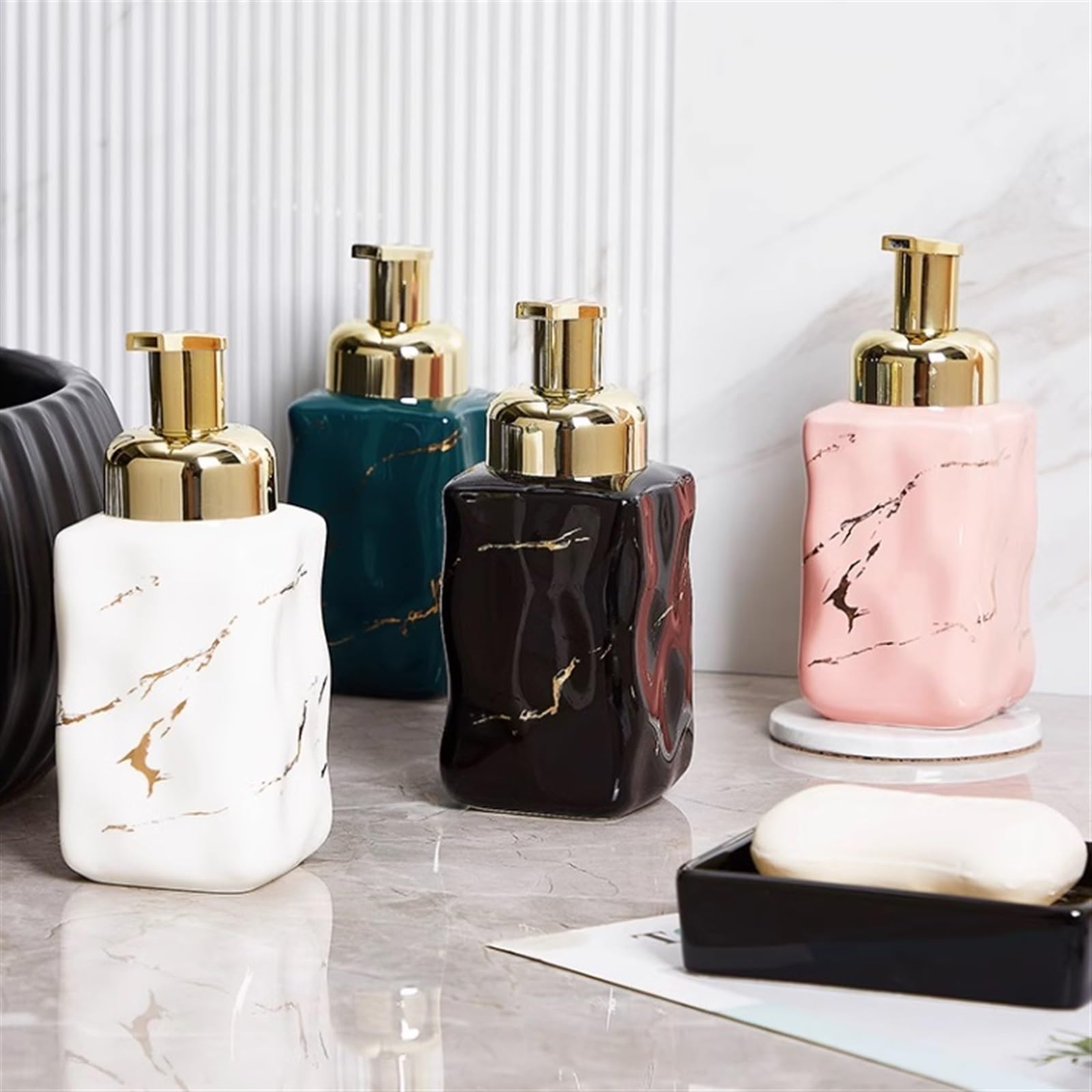 Duschspender, 12,2 oz Keramik-Seifenspender, quadratisch, nachfüllbar, Lotion, Hand- und Schalenspender für Küchenspüle, Badezimmer, Dusche (schwarz)