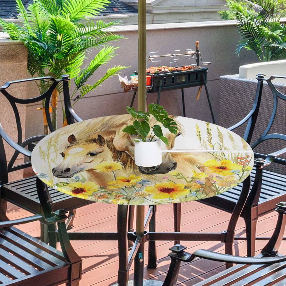 YPPAHHHH Round Outdoor Fitted Tablecloth with Umbrella Hole, Horse Flowers Elastic Table Cloth Floral Horse Pattern Waterproof Table Cover with Zipper for Patio Picnic, 45