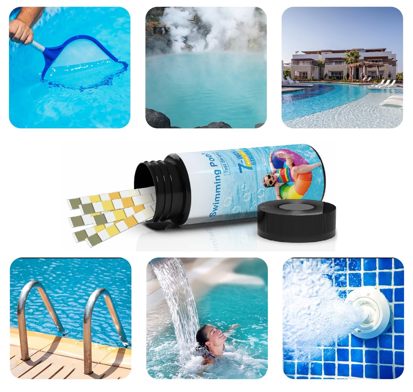 Paski testowe 7 w 1 do basenu, 100 sztuk, szybki test pH, kwasu cyjanurowego, całkowitej twardości, chloru, bromu, basenu, spa, jacuzzi