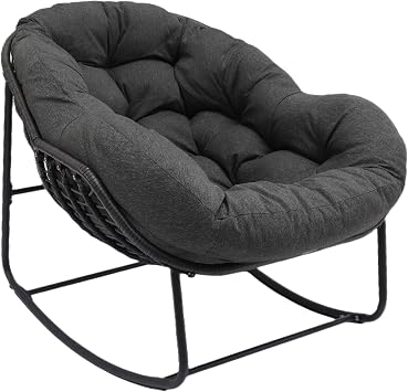 Indoor & Outdoor Rocking Chair, Oversized Rattan Royal Rocking Chair with Padded Cushion, Rocker Egg Chair for Living Room, Patio, Front Porch, Backyard,Dark Grey