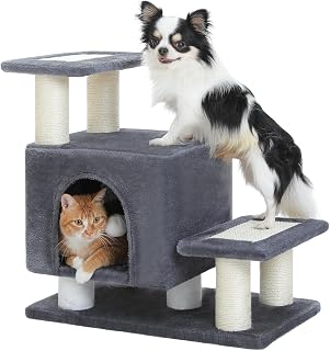 3-in-1 Cat Stairs with Scratching Post & Condo, Pet Steps, Dark Grey