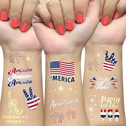 Decoraciones del 4 de julio, tatuajes temporales de 34 estilos de Estados Unidos, suministros de fiesta rojo, blanco y azul, accesorios del 4 de