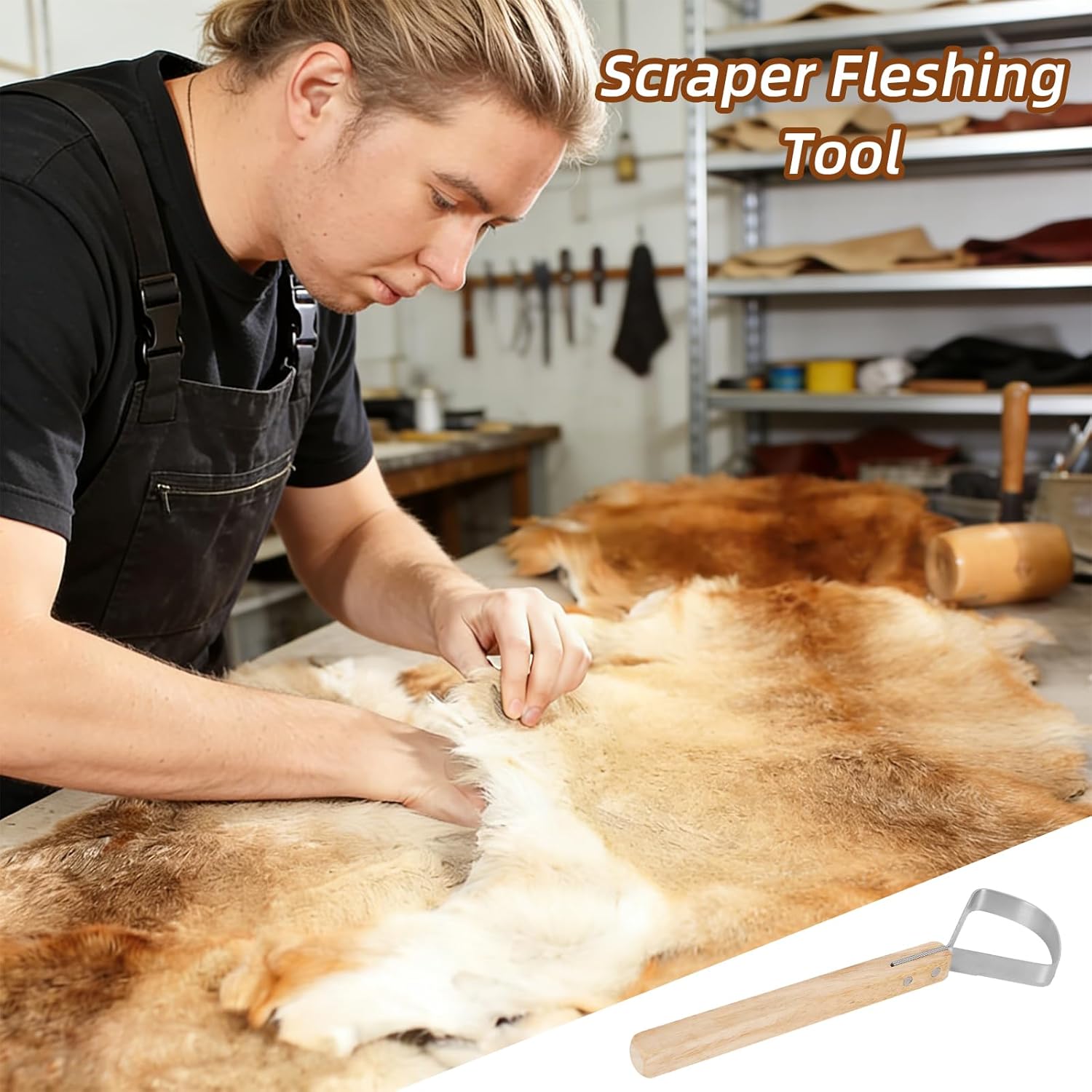 4PCS Taxidermy Tool Kit Flat-Panel Skinning Fleshing Scrapers and Curved Hide Scrapers with Wooden Handle Stainless Steel Hide Tanning Kit for Fur Impurity Oil Removal Clean Leather Making