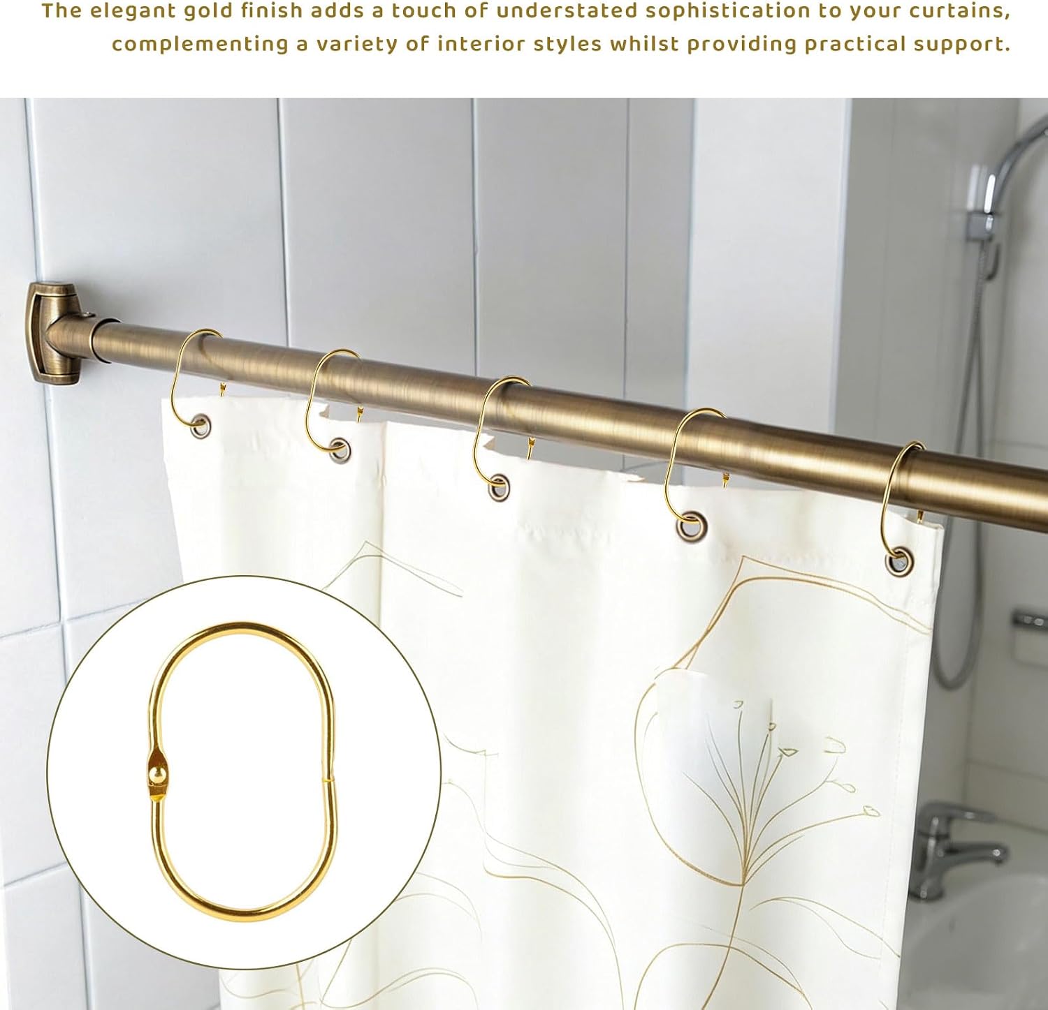 12pcs Gold Shower Curtain Hooks and Rings, Oval-Shaped Clips, Curtain Rod Rings, Rust-Proof Metal, Commonly Used in Bathrooms and Curtains.
