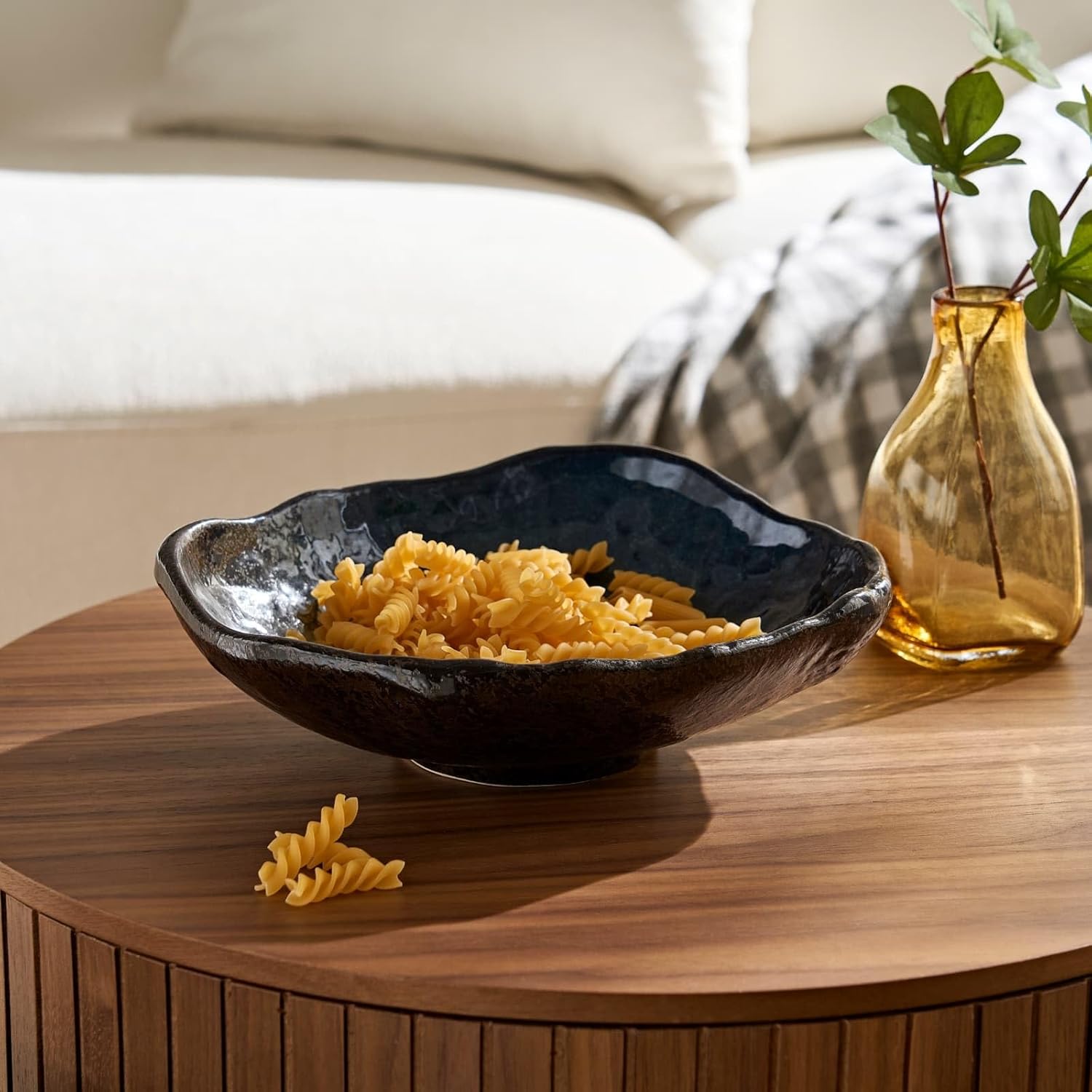 Ceramic Decorative Dish, Irregular-Edge Stoneware Centerpiece Dish for Coffee Garden Home Entryway Table, Key Bowl, Fruit Bowl, Handcrafted Gift Decor (10 inch Dark Blue)