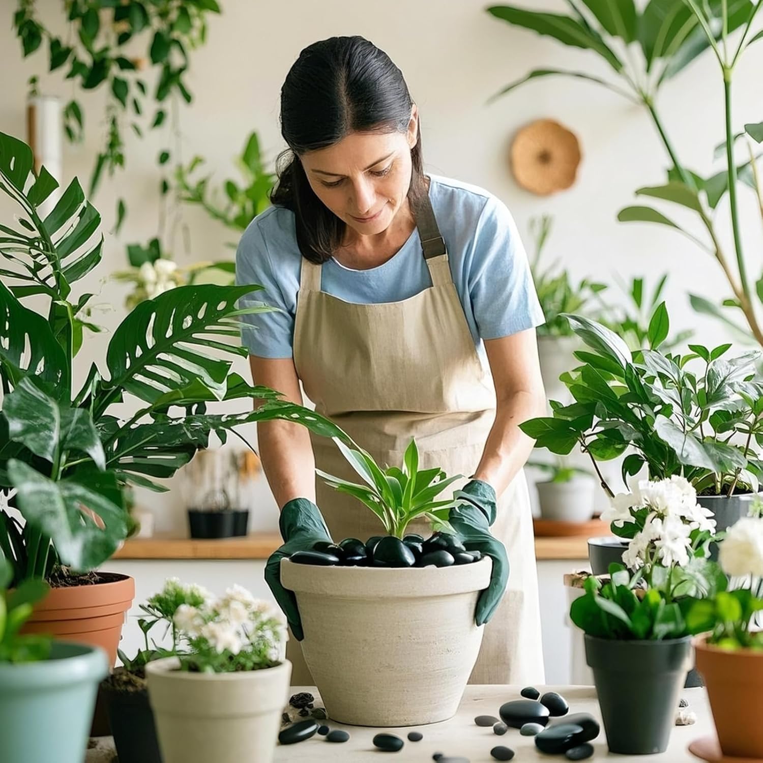 River Rocks for Landscaping, 20lbs Black Pebbles for Indoor Plants, 1-2 Inch Decorative Rocks for Planters, High Polished Stones for Vase Filler Fish Tank Garden