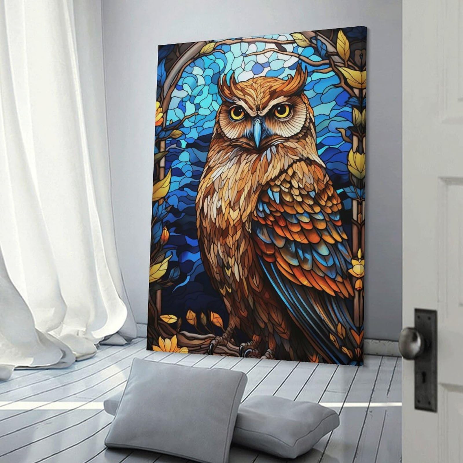 Junmoney Canvas Art Print Stained Glass Owl Portrait, 20x30inch(50x75cm), for Living Room, Bedroom Or Home Office, A Wall Art Gift for Fresh Interiors