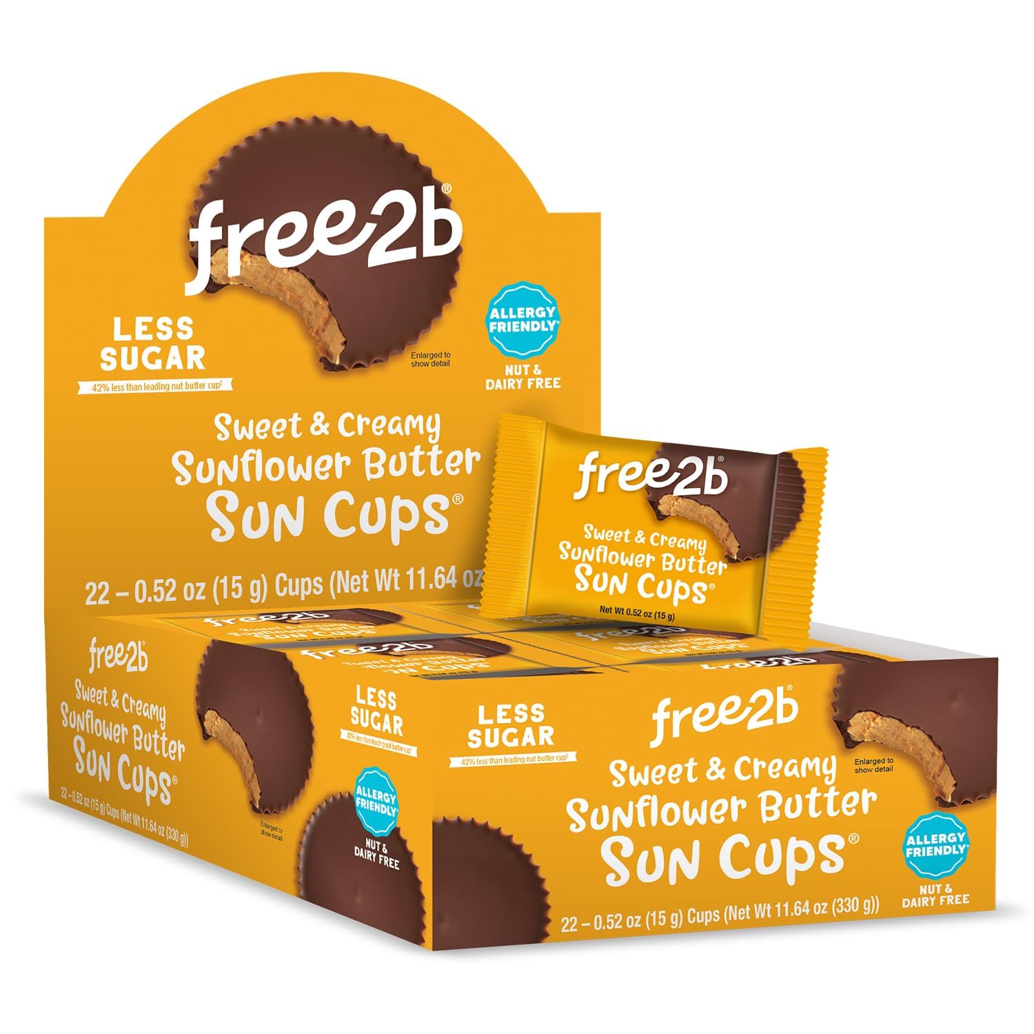 Free2b Sunflower Butter Sun Cups, Safe for School and Allergy Friendly, Gluten-Free, Dairy-Free, Nut-Free, and Soy-Free, Sweet and Creamy Cups, 1-Cup Packages (Pack of 22)