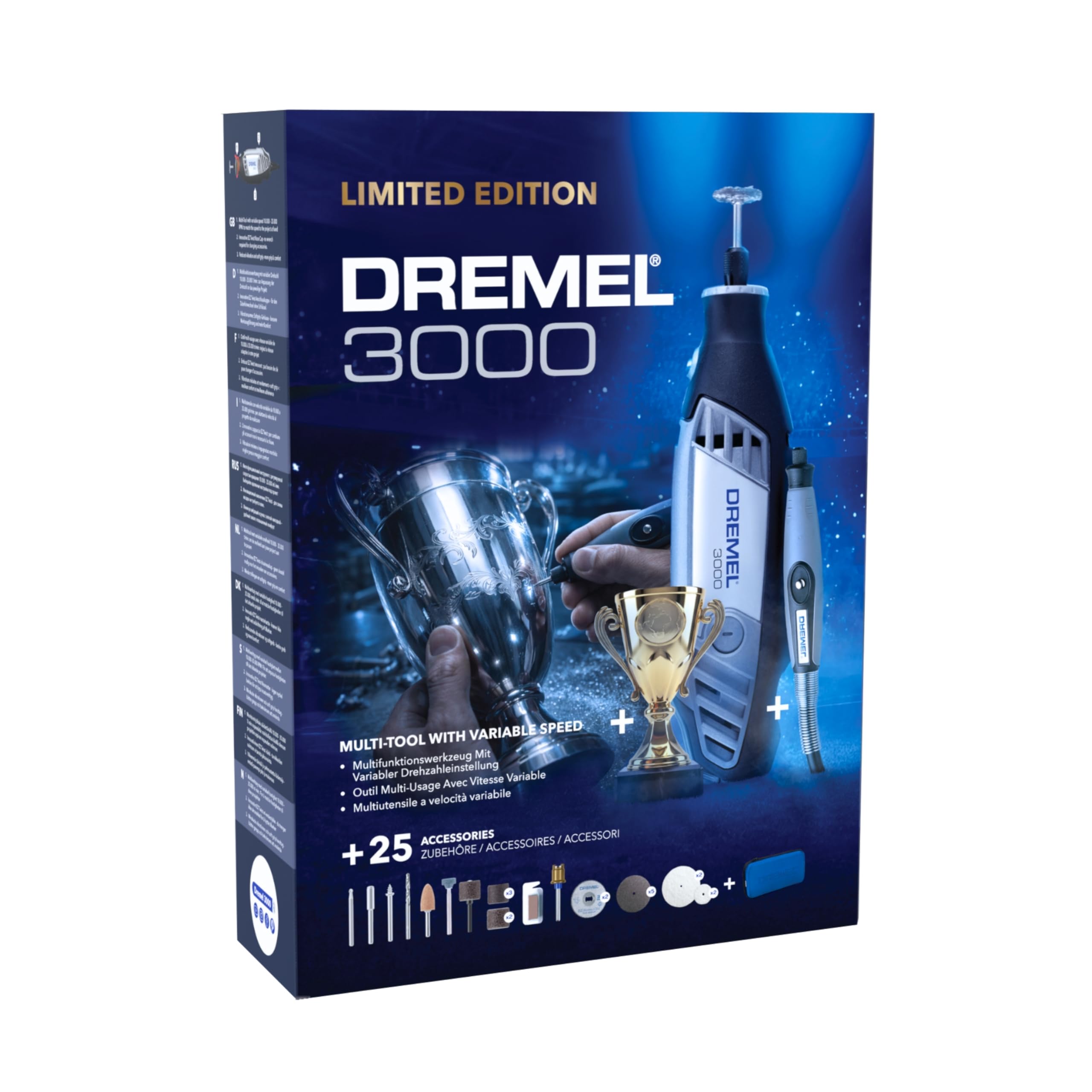 Dremel 3000 Champion Outil Rotatif Moteur 130W, 33 000 Tr/Min avec 25 Accessoires, Trophée Gravable, Sac De Rangement, Arbre Flexible Pour Découpe, Sculpture, Ponçage, Perçage – Édition Limitée