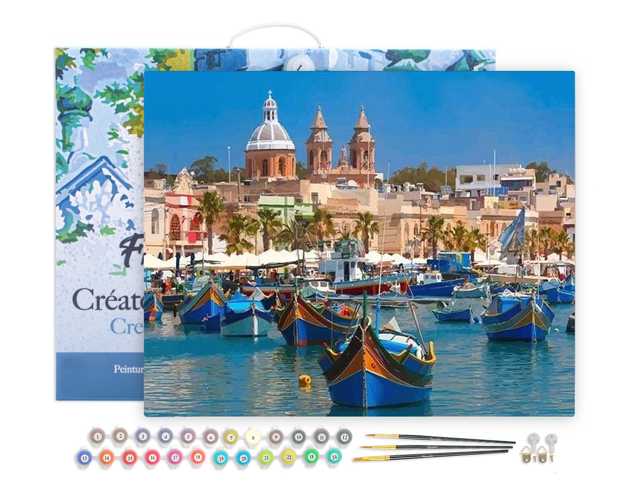 Figured'Art Malen Nach Zahlen Erwachsene Mit Rahmen Hafen in Malta - Paint by Numbers Basteln DIY Bastelset 40x50cm - Leinwand gespannt auf Holzrahmen