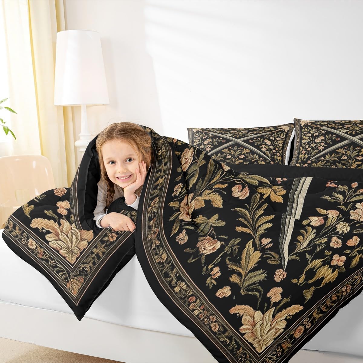 Medieval Style Swords Comforter Set Country Rustic Flowers Comforter King Size Knight Theme Sword Bedding Set for Kids Girls Boys Bedroom Decor Fashion Black Yellow Quilt Duvet,3 Pcs with 2 Pillowcase