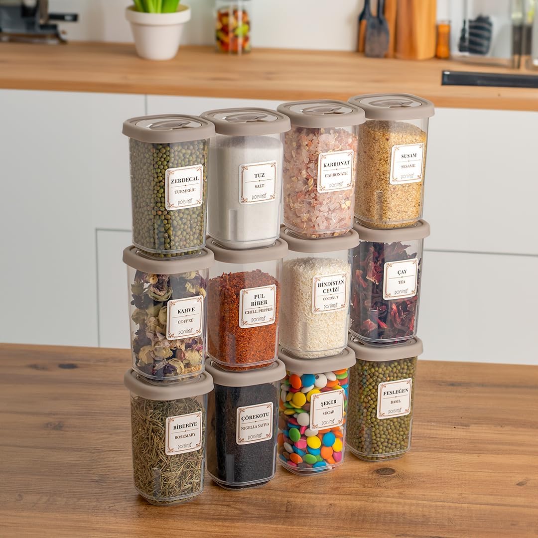 Porsima 1061 Döner Kapaklı Etiketli Baharatlık Seti - 12'li Cappuccino Kapaklı 350 cc