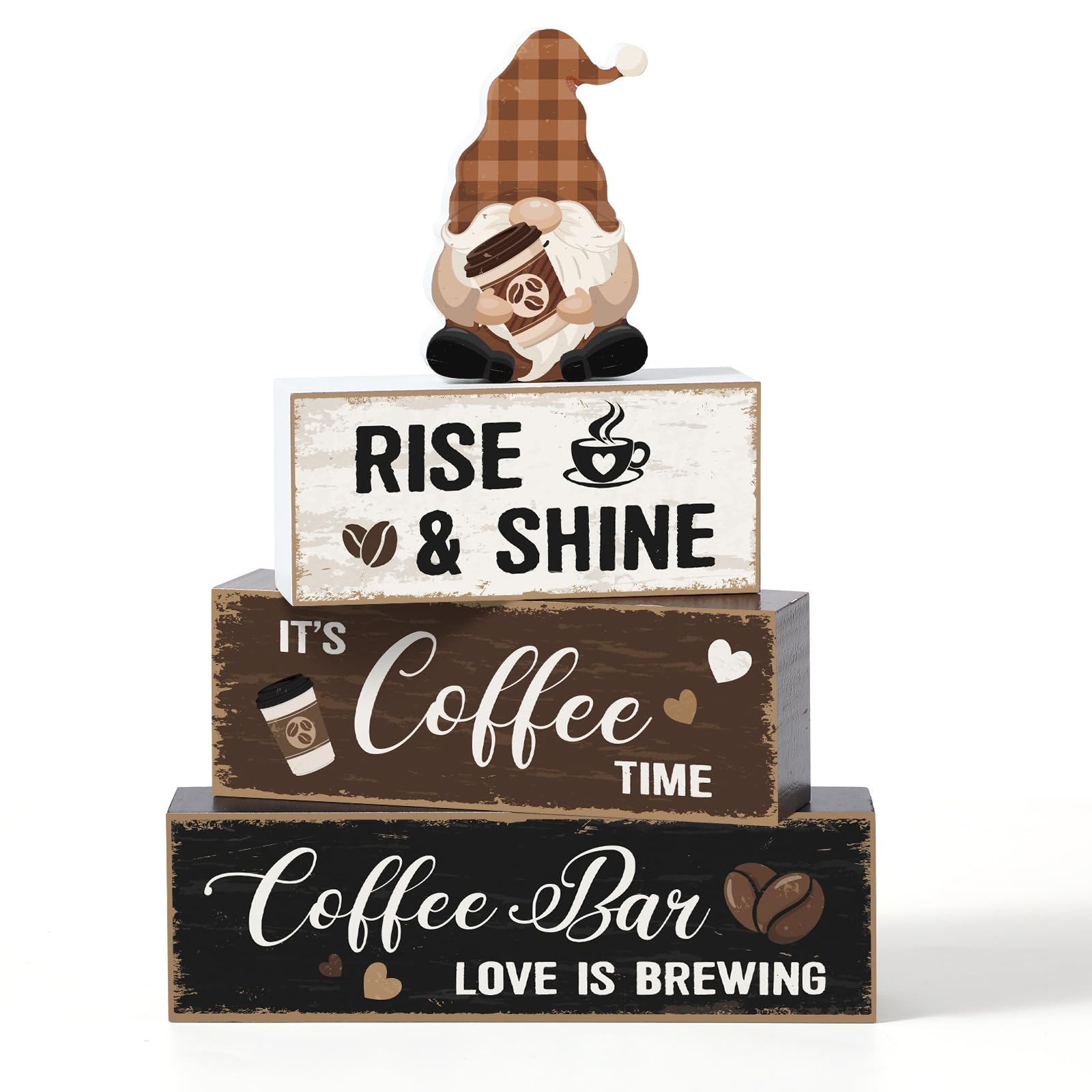 Blosssound 4 Pcs Coffee Bar Table Decorations Centerpieces Coffee Bar Wooden Signs Farmhouse Brown White Gnome Cafe Rustic Wood Block Gifts for Tiered