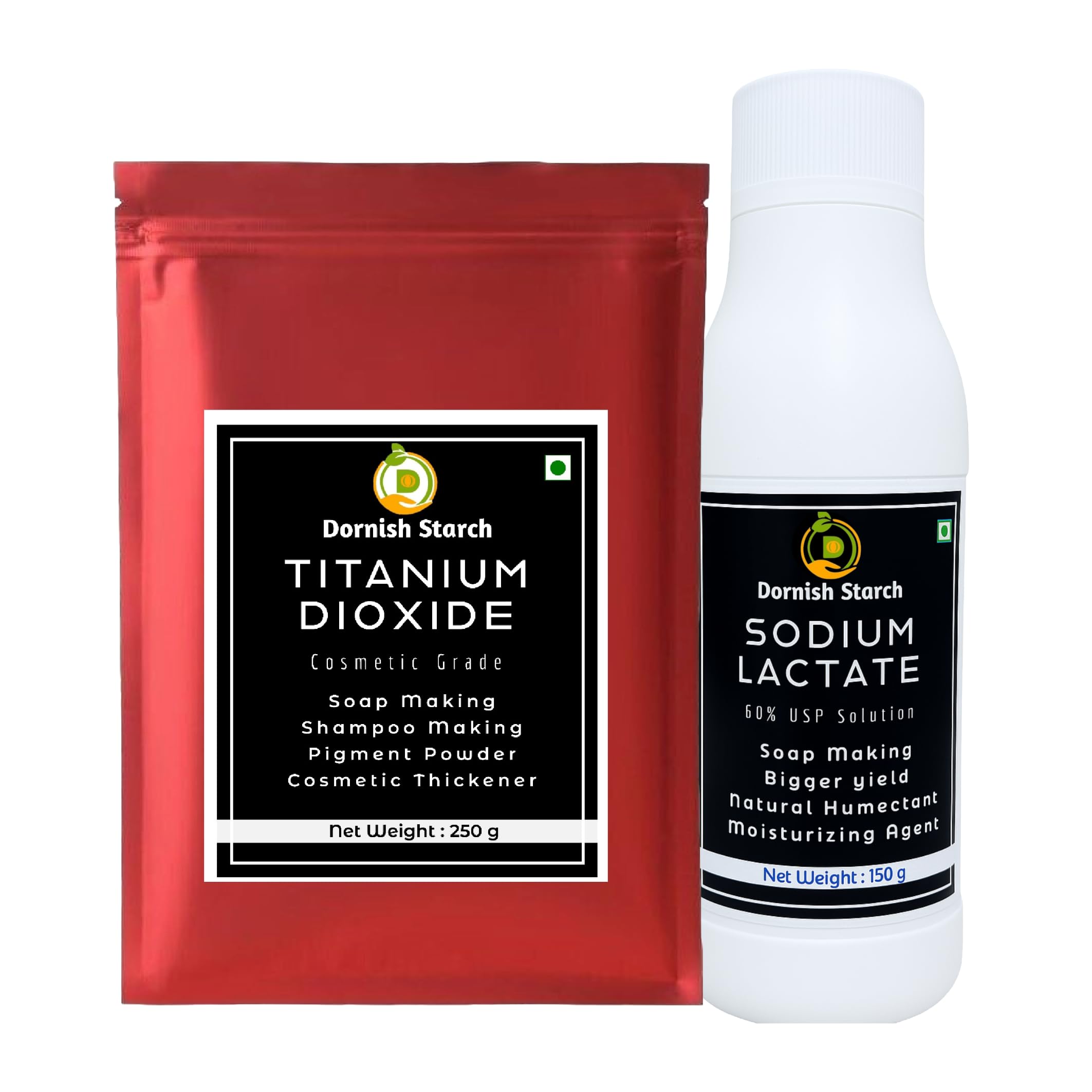 DORNISH Sodium Lactate USP 60% 500 g + Titanium Dioxide 250 g Combo /For Soap, Shampoo, Cosmetics Making/ Humectant & Moisturizing Agent in Soap,Cosmetics Making/Harder Bar of Soap, Bigger Yield, Provides Moisture