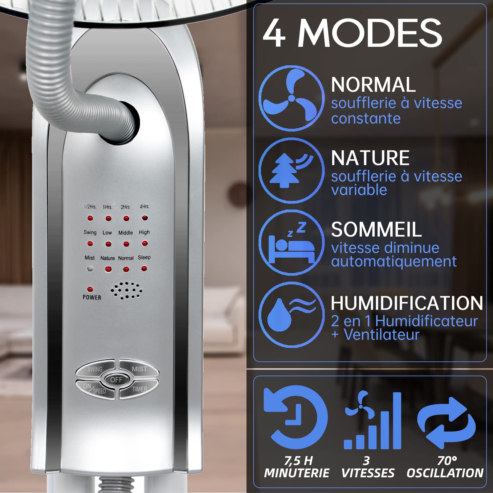 Ventilateur Brumisateur 2 en 1 sur Pied avec Télécommande, Argent | Humidificateur 3.2L, Rafraichisseur d'air, Minuterie, Fan Oscillant, Pour Chambre Bureau
