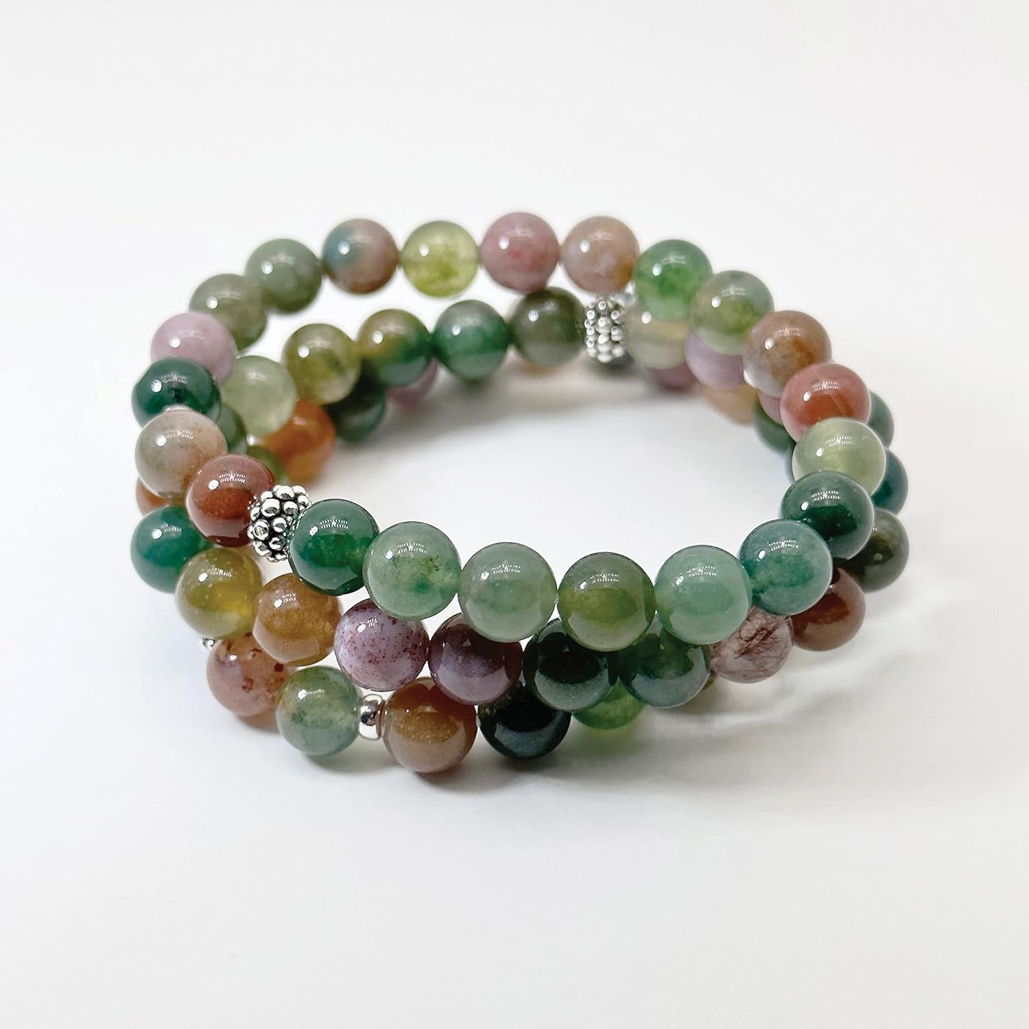 Handmade Natural Gemstone Stretch Bracelet – Turquoise Jasper Indian Agate Aquamarine Moss Agate Fluorite Selenite Quartz – 8mm Beaded Jewelry for Women Men