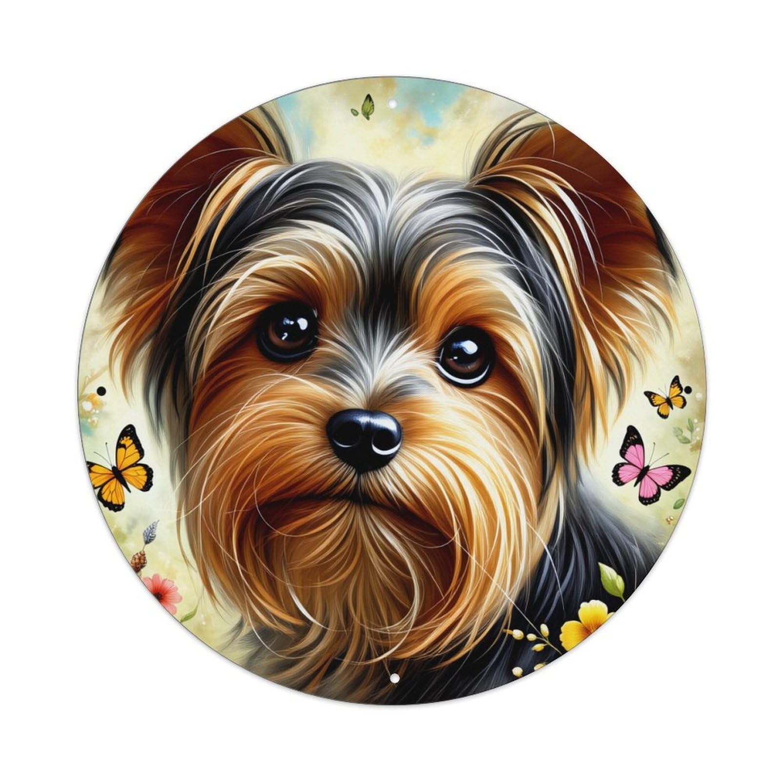 Yorkie Dog With Butterflies And Flowers Round Tin Sign Retro Metal Sign for Cafe Bar Pub Home Game Room Gym Club Wall Decoration Vintage Metal Poster 8x8 Inch