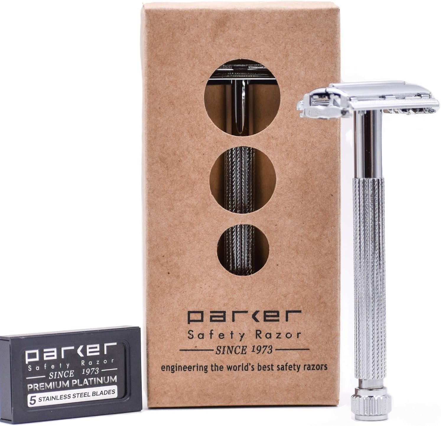 Parker 29L Chrome, Long Handle Butterfly Open Double Edge Safety Razor for Men & Women, 5 Parker Premium Platinum Double Edge Razor Blades Included