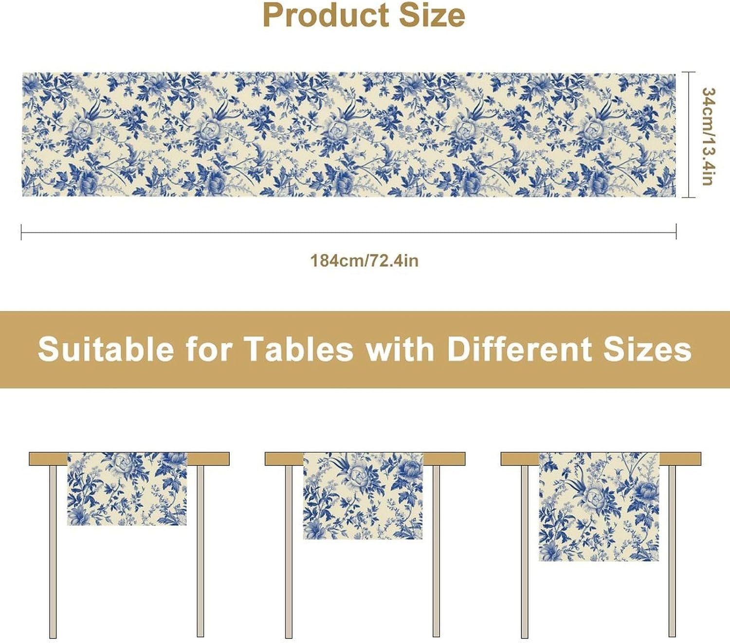 Vintage Blue Floral Table Runner, Retro Country Flowers Botanical Design Table Runner for Kitchen Dining Home Party Outdoor Indoor Decor, 13x120 Inch
