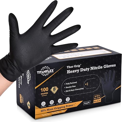 TITANflex Thor Grip - Guantes industriales de nitrilo negros resistentes con textura de diamante elevado, 8 mil, sin látex, caja de 100 unidades