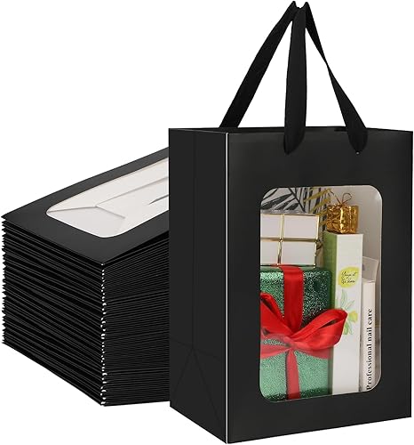 EUSOAR Bolsas de papel negro con ventana, 50 unidades, 7 x 5.12 x 9.84 pulgadas, bolsas de regalo de compras con ventana transparente, bolsas de