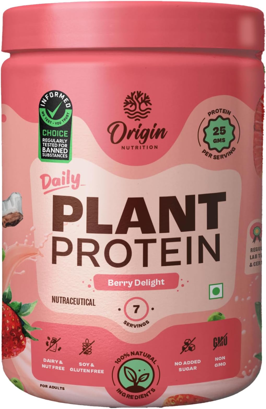 ORIGIN NUTRITION 100% Natural Vegan Plant Protein Powder,Ranked Best Vegan Protein,Easy To Digest Strawberry Flavour With 25G Plant Based Protein,Dairy Free,No Added Sugar,Non-Gmo,7 Servings,290G