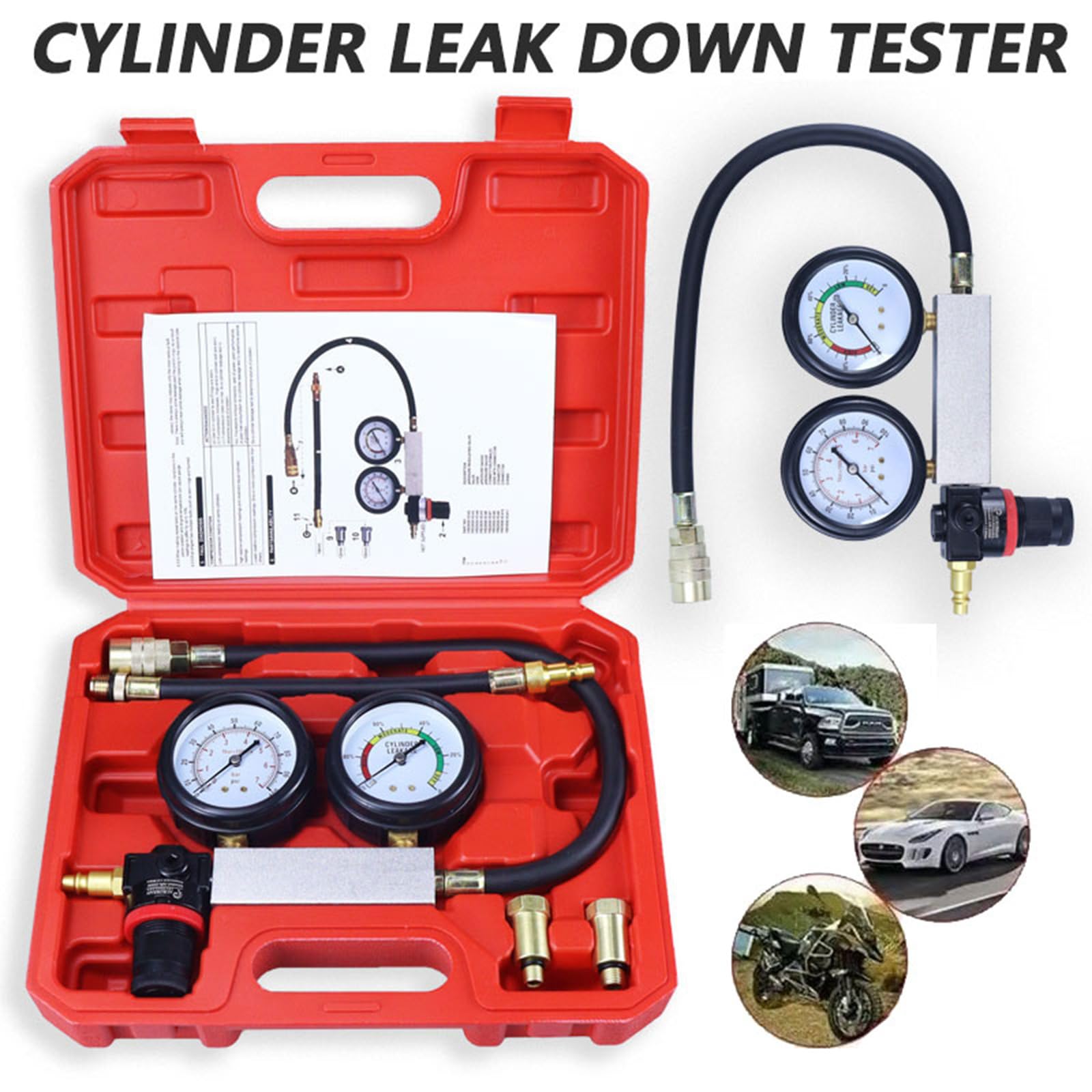 Medidor doble para probador de fugas de coche con maletín, herramienta de compresión de motor para coches, camiones, cilindros de coche