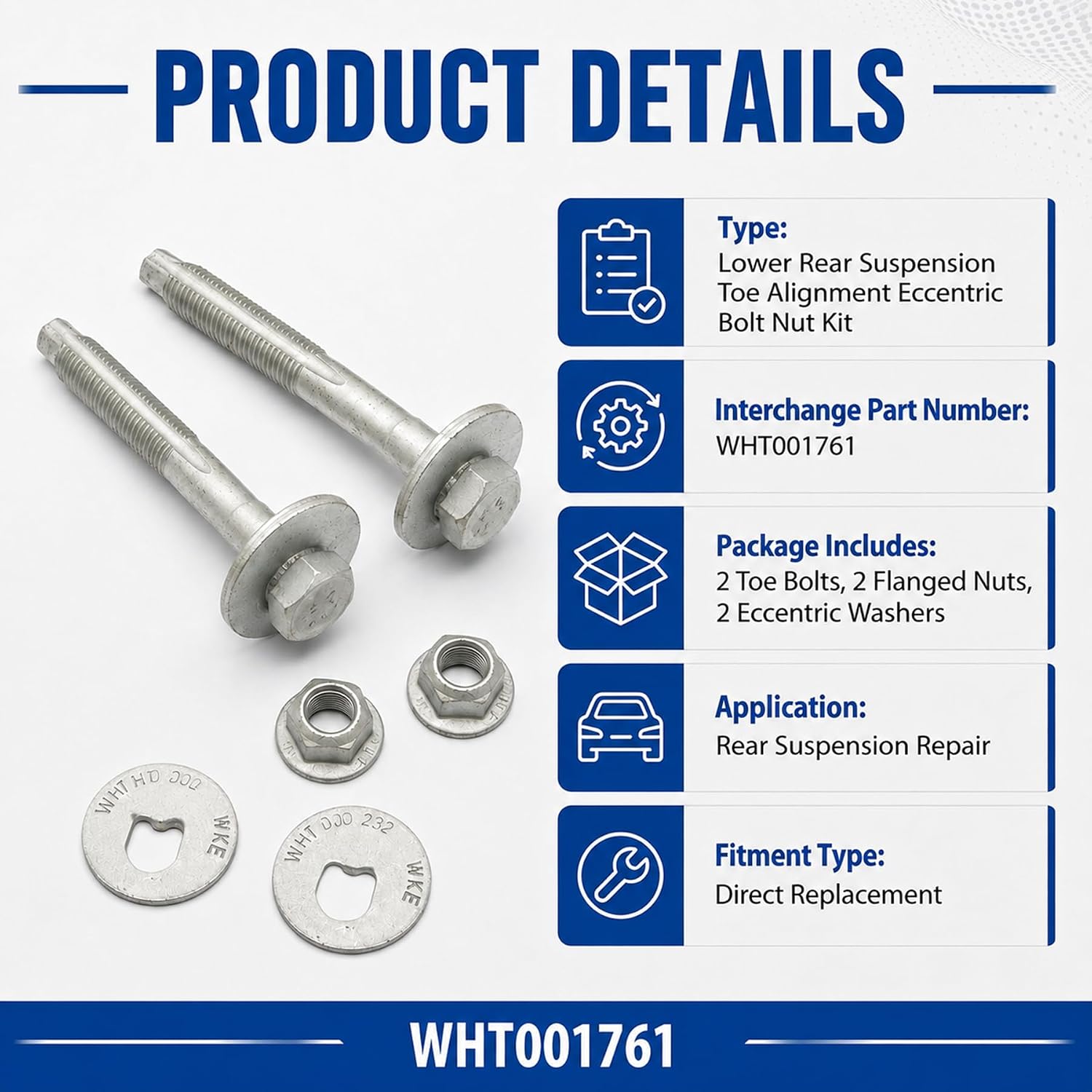 XQSMWF 2PCS Rear Toe Alignment Eccentric Bolt Kit Compatible with VW Golf Jetta Passat Tiguan | Fit for Audi A3 TT Q3 | 2004-2024 | Replace WHT001761 | Camber Adjustment Bolt Nut Set | 2-piece kit enables precise rear toe angle adjustment — fixes uneven tire wear, vehicle pulling, or failed alignment