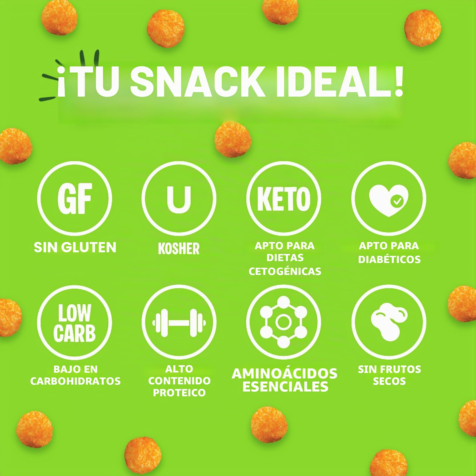 Twin Peaks es bajo en calorías, Protein Puffs es apto para alérgicos, Queso Cheddar Jalapeño (300g, 21g de proteína, 2g de carbohidratos, 120 calorías)