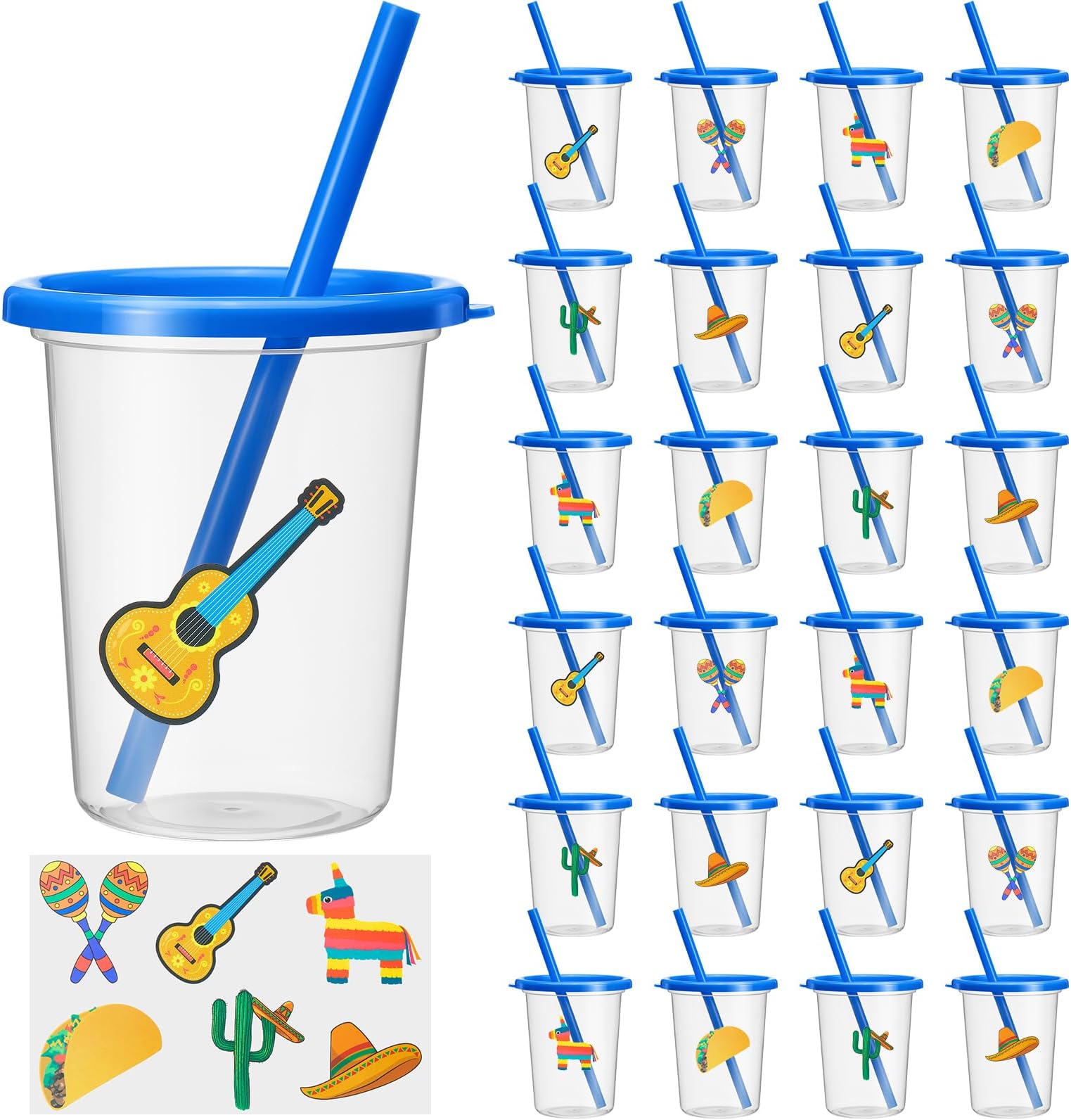 Nuanchu 24 Pack Fiesta Plastic Cups with Straws & Lids 10 OZ Reusable Tumblers with Mexican Sticker Clear Bottle Iced Coffee Travel Mug for Cinco De Mayo Fiesta Taco Party Supplies (Mexican)
