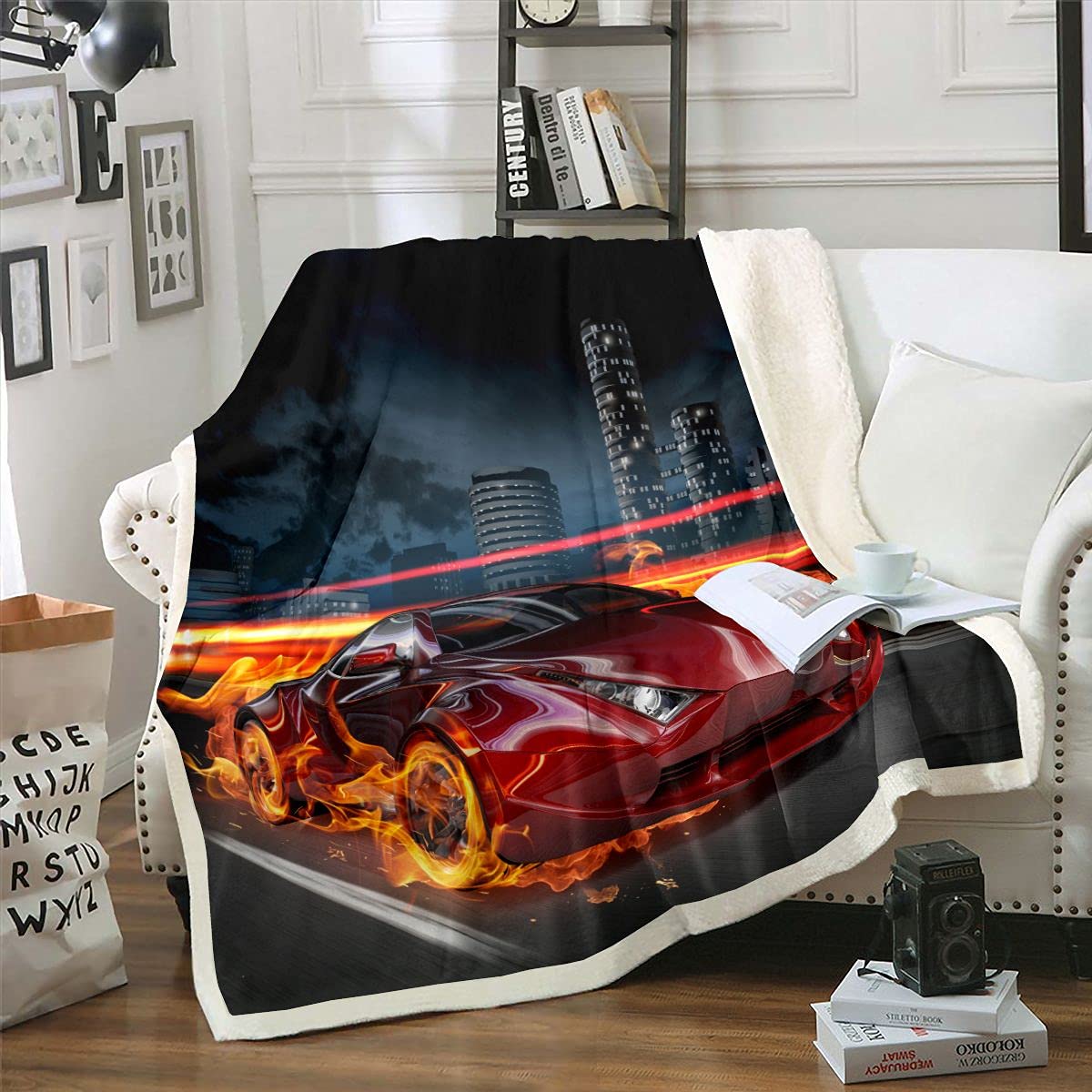 Racing Car Plush Blanket Race Car Fleece Throw Blanket Speed Sports Automobile Sherpa Blanket Man Fashion Soft Home Decorative 2 Pieces 1 Bedding and 1 Pillowcase Red Black Double 60x79 Inch