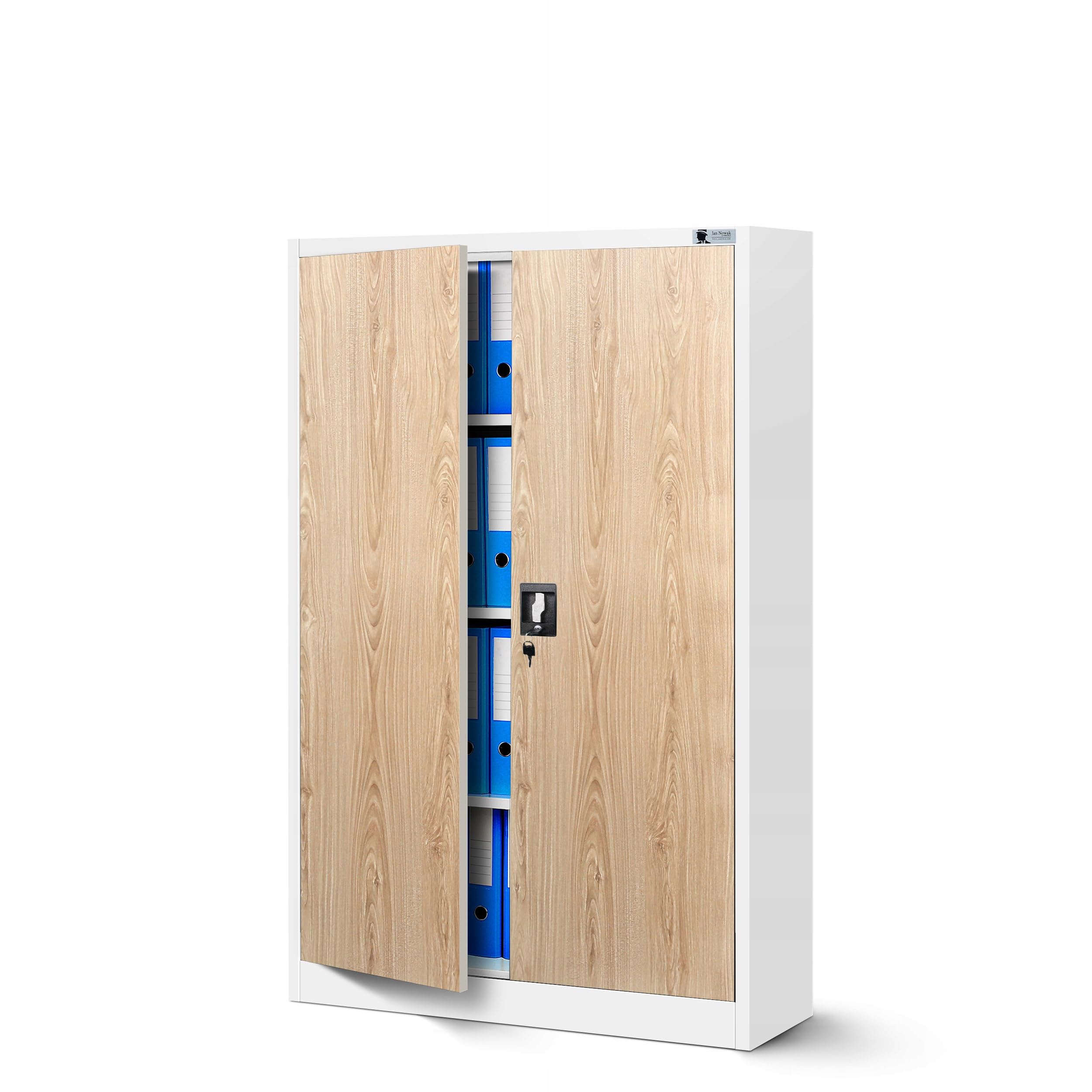 Jan Nowak Aktenschrank Metall abschließbar Metallschrank Büroschrank Werkzeugschrank 3 Fachböden Stahlblech Flügeltüren Pulverbeschichtung 140 cm x 90 cm x 40 cm (Weiß/Holzoptik)