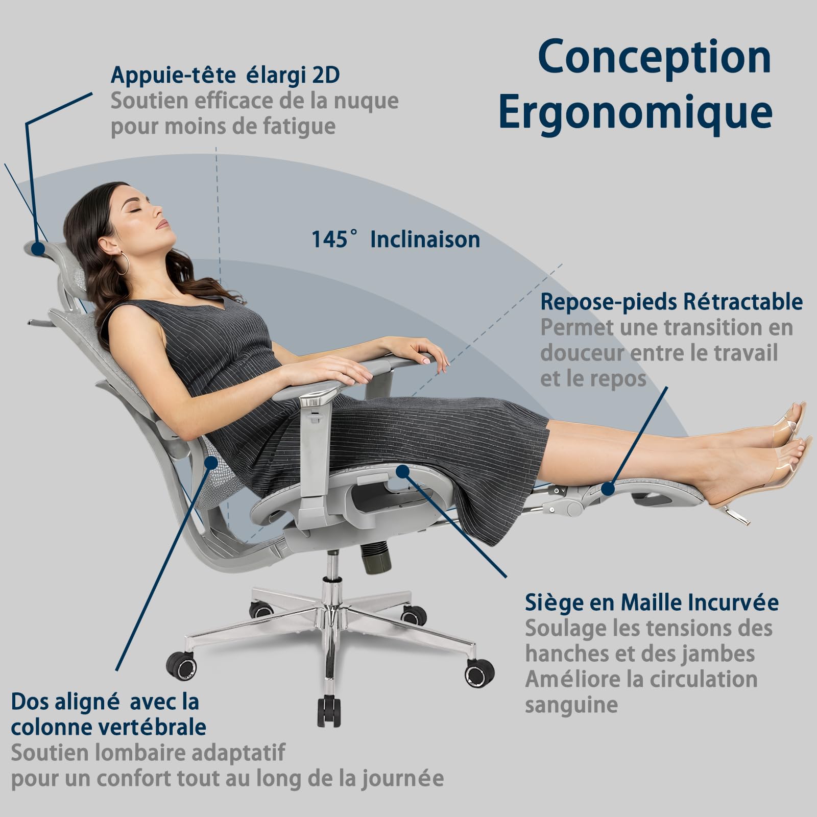 Chaise de Bureau Ergonomique Grand et Haut avec Repose-Pieds, Accoudoirs Réglables 5D, Support Lombaire, Dossier Maille Inclinable, Gris