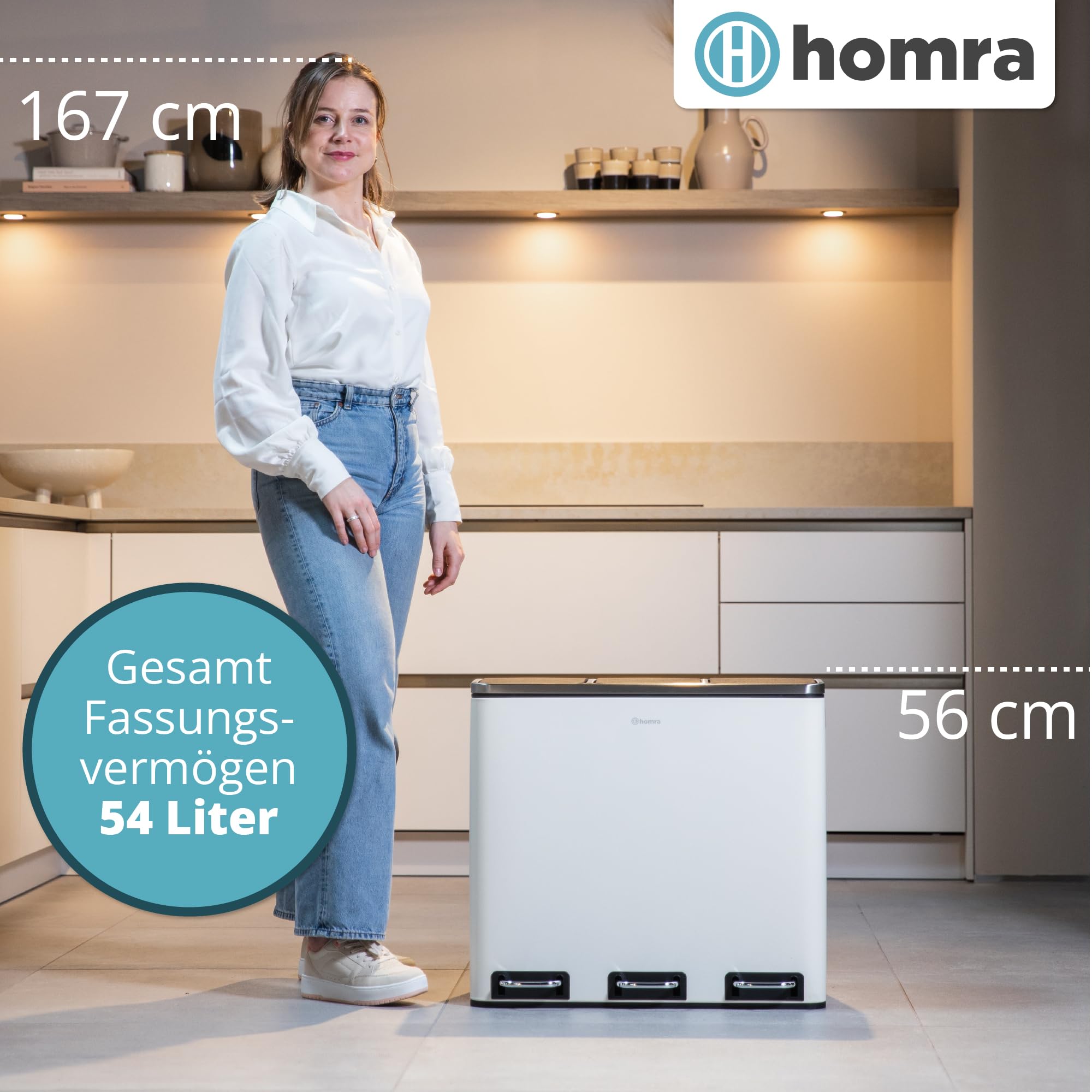 Homra Mülleimer Küche 3 Fächer Sparq 54l | Mülltrennsystem 3Fach | Edelstahl Treteimer 3x18 Liter | Trennsystem 3 Inneneimern | Abfall & Recycling | Abfalleimer Tretmülleimer Softclose | Cremeweiß