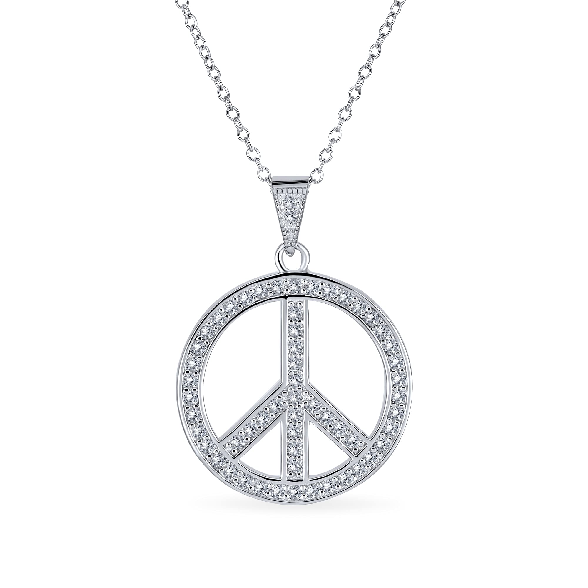 Bling Jewelry Ciondolo a forma di segno di pace aperto con zirconi cubici pavé per adolescenti e donne in argento sterling .925 con catena.